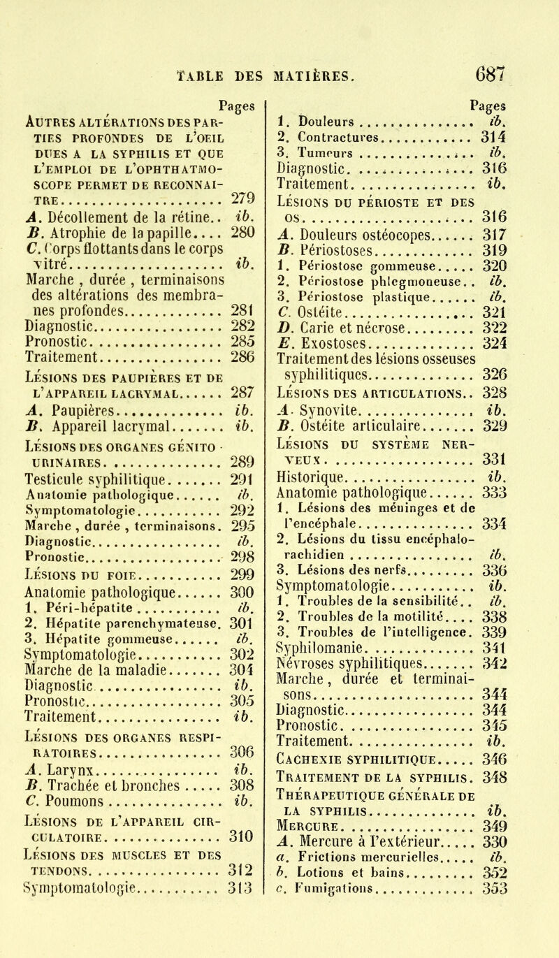 Pages Autres altérations des par- ties PROFONDES DE L'OEIL DUES A LA SYPHILIS ET QUE l'emploi DE L'oPHTHATMO- SCOPE PERMET DE RECONNAI- TRE 279 Décollement de la rétine.. ib. ^. Atrophie de la papille 280 C. Corps flottants dans le corps Titré ib. Marche , durée , terminaisons des altérations des membra- nes profondes 281 Diagnostic 282 Pronostic 285 Traitement 286 LÉSIONS DES PAUPIÈRES ET DE l'appareil LACRYMAL 287 A. Paupières ib. B. Appareil lacrymal ib. LÉSIONS DES ORGANES GÉNITO URINAIRES 289 Testicule syphilitique 291 Analomie pathologique ih. Symptomatologie 292 Marche , durée , terminaisons. 295 Diagnostic ib. Pronostic 298 LÉSIONS DU FOIE 299 Anatomie pathologique 300 1. Péri-hépatite ib. 2. Hépatite parenchymateuse. 301 3. Hépatite gommeuse ib. Symptomatologie 302 Marche de la maladie 304 Diagnostic. ib. Pronostic 305 Traitement ib. LÉSIONS DES ORGANES RESPI- RATOIRES 306 A. Larynx ib. B. Trachée et bronches 308 C. Poumons ib. LÉSIONS DE l'appareil CIR- CULATOIRE 310 LÉSIONS DES MUSCLES ET DES TENDONS 312 Symptomatologie 313 Pages 1. Douleurs ib, 2. Contractures 314 3. Tumeurs *. . ib^ Diagnostic. *... 316 Traitement ib, LÉSIONS DU PÉRIOSTE ET DES OS 316 A. Douleurs ostéocopes 317 B. Périostoses 319 1. Périostosc gommeuse 320 2. Pcriostose phicgmoneuse. . ib, 3. Périostosc plastique ib. C. Ostéite 321 D. Carie et nécrose 322 E. Exostoses 324 Traitement des lésions osseuses syphilitiques 326 LÉSIONS DES ARTICULATIONS.. 328 A Synovite , ib. B. Ostéite articulaire 329 LÉSIONS DU SYSTÈME NER- VEUX 331 Historique ib. Anatomie pathologique 333 1. Lésions des méninges et de l'encéphale 334 2. Lésions du tissu encéphalo- rachidien ib. 3. Lésions des nerfs 336 Symptomatologie ib. 1. Troubles de la sensibilité.. ib, 2. Troubles de la raotilité 338 3. Troubles de rintelligence. 339 Syphilomanie 341 Névroses syphilitiques 342 Marche, durée et terminai- sons 344 Diagnostic 344 Pronostic 345 Traitement ib. Cachexie syphilitique 346 Traitement DE LA syphilis. 348 Thérapeutique générale de LA syphilis ib. Mercure 349 A. Mercure à l'extérieur 330 a. Frictions mercuriellcs ib. b. Lotions et bains 352 c. Fumigations 353