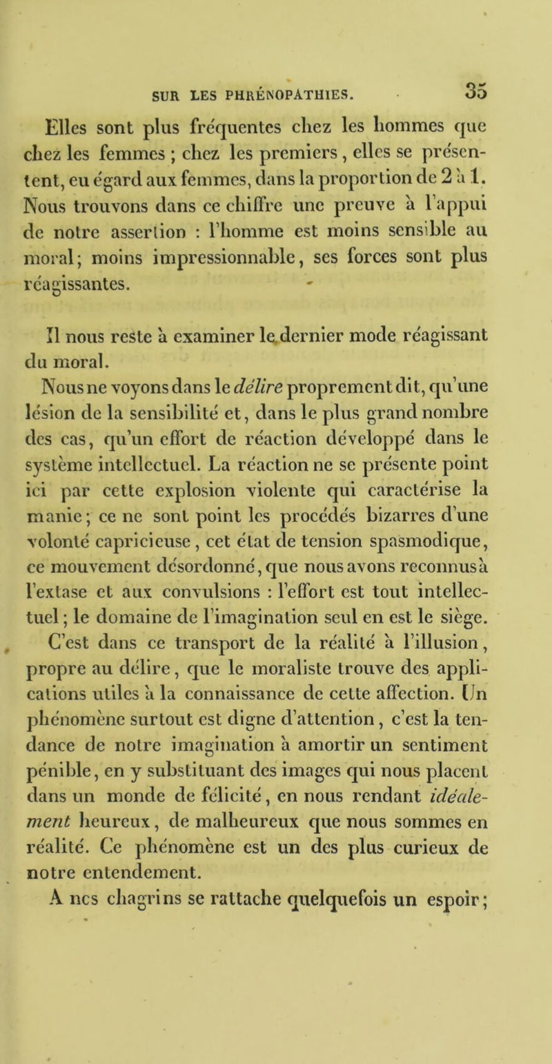 Elles sont plus fre'quentes chez les hommes que chez les femmes ; chez les premiers, elles se pre'scn- tent, eu e'gard aux femmes, dans la proportion de 2 u 1. Nous trouvons dans ce chiffre une preuve a l’appui de notre assertion : l’homme est moins sensible au moral; moins impressionnable, ses forces sont plus réagissantes. Il nous reste a examiner le,dernier mode réagissant du moral. Nous ne voyons dans le délire proprement dit, eju’une lésion de la sensibilité et, dans le plus grand nombre des cas, qu’un effort de réaction développé dans le système intellectuel. La réaction ne se présente point ici par cette explosion violente qui caractérise la manie; ce ne sont point les procédés bizarres d’une volonté capricieuse , cet état de tension spasmodique, ce mouvement désordonné, que nous avons reconnus à l’extase et aux convulsions : l’effort est tout intellec- tuel ; le domaine de l’imagination seul en est le siège. C’est dans ce transport de la réalité à l’illusion, propre au délire, que le moraliste trouve des appli- cations utiles a la connaissance de cette affection, (in phénomène surtout est digne d’attention , c’est la ten- dance de notre imagination à amortir un sentiment pénible, en y substituant des images qui nous placent dans un monde de félicité, en nous rendant idéede- ment heureux, de malheureux que nous sommes en réalité. Ce phénomène est un des plus curieux de notre entendement. A ncs chagrins se rattache quelquefois un espoir;