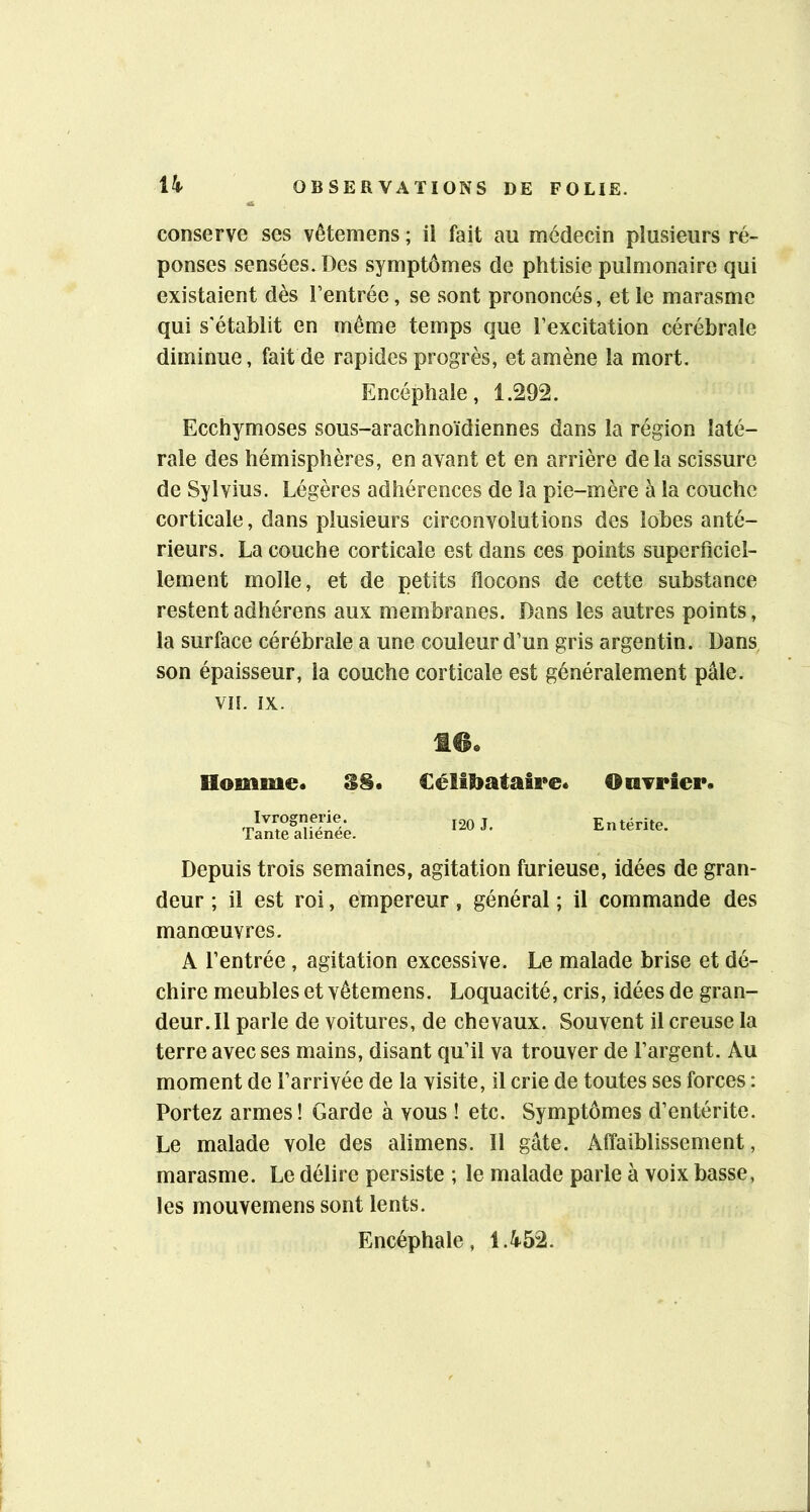 conserve ses vêtemens ; il fait au médecin plusieurs ré- ponses sensées. Des symptômes de phtisie pulmonaire qui existaient dès l’entrée, se sont prononcés, et le marasme qui s'établit en même temps que l’excitation cérébrale diminue, fait de rapides progrès, et amène la mort. Encéphale, 1.292. Ecchymoses sous-arachnoïdiennes dans la région laté- rale des hémisphères, en avant et en arrière delà scissure de Sylvius. Légères adhérences de la pie-mère à la couche corticale, dans plusieurs circonvolutions des lobes anté- rieurs. La couche corticale est dans ces points superficiel- lement molle, et de petits flocons de cette substance restent adhérons aux membranes. Dans les autres points, la surface cérébrale a une couleur d’un gris argentin. Dans, son épaisseur, la couche corticale est généralement pâle. VTÎ. IX. Homme. 3§« Célibataire. Ouvrier. Ivrognerie. Tante aliénée. 120 J. Entérite. Depuis trois semaines, agitation furieuse, idées de gran- deur ; il est roi, empereur, général ; il commande des manœuvres. A l’entrée, agitation excessive. Le malade brise et dé- chire meubles et vêtemens. Loquacité, cris, idées de gran- deur. Il parle de voitures, de chevaux. Souvent il creuse la terre avec ses mains, disant qu’il va trouver de l’argent. Au moment de l’arrivée de la visite, il crie de toutes ses forces : Portez armes! Garde à vous ! etc. Symptômes d’entérite. Le malade vole des alimens. Il gâte. Affaiblissement, marasme. Le délire persiste ; le malade parle à voix basse, les mouvemens sont lents. Encéphale, 1.^p52.