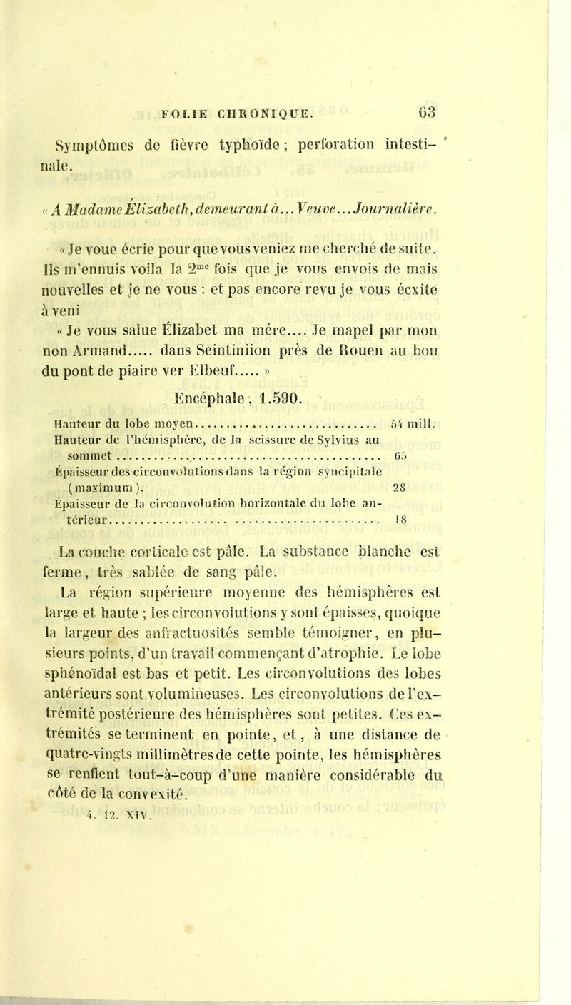 Symptômes de fièvre typhoïde ; perforation intesti- ' nale. « A Madame Élizabeth, demeurant à... Veuve... Journalière. « Je voue écrie pour que vous veniez me cherché de suite, lis m’ennuis voila la 2*“® fois que je vous envois de mais nouvelles et je ne vous : et pas encore revu je vous écxite à veni «Je vous salue Élizahet ma mère.... Je mapel par mon non Armand dans Seintiniion près de Rouen au bon du pont de piaire ver Elbeuf » Encéphale, 1.590. Hauteur du lobe moyen 55 mül. Hauteur de l’hémisphère, de la scissure de Sylvius au sommet 65 Épaisseur des circonvolutions dans la région syncipitale (maximum). 28 Épaisseur de la circonvolution horizontale du lobe an- térieur 18 La couche corticale est pâle. La substance blanche est ferme, très sablée de sang pâle. La région supérieure moyenne des hémisphères est large et haute ; les circonvolutions y sont épaisses, quoique la largeur des anfractuosités semble témoigner, en plu- sieurs points, d’un travail commençant d’atrophie. Le lobe sphénoïdal est bas et petit. Les circonvolutions des lobes antérieurs sont volumineuses. Les circonvolutions de l’ex- trémité postérieure des hémisphères sont petites. Ces ex- trémités se terminent en pointe, et, à une distance de quatre-vingts millimètres de cette pointe, les hémisphères se renflent tout-à-coup d’une manière considérable du côté de la convexité. 4. 12. XIV.