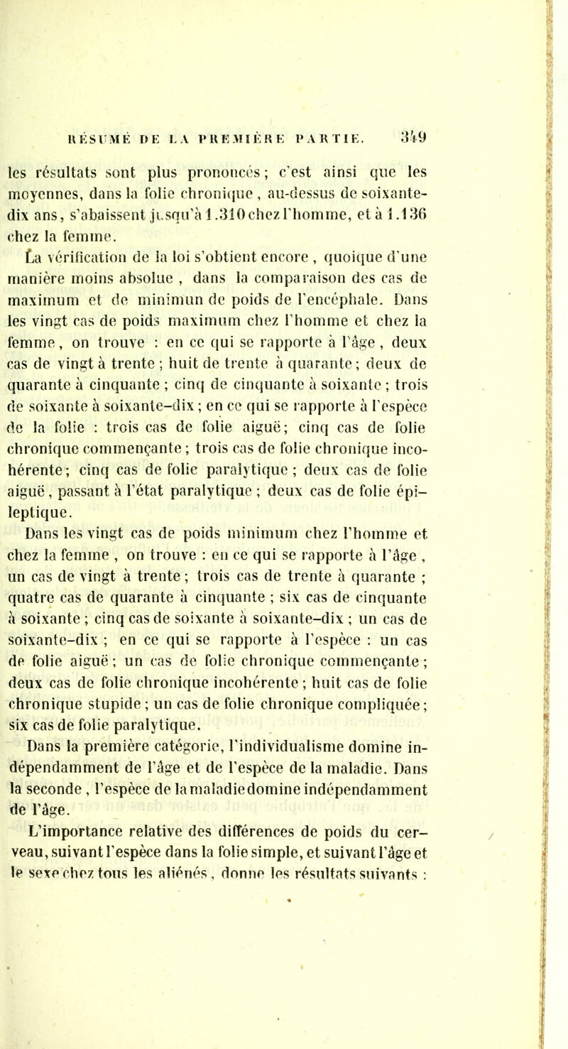 UKSUMK DE LA I» U E Mï È R K PARTIE. 3V9 les résultats sont plus prononcés; c’est ainsi que les moyennes, dans la folie chroniipie , au-dessus de soixante- dix ans, s’abaissent jusqu’à 1.310chez riiomrne, et à 1.136 chez la femme. ùà véritication de la loi s’obtient encore , quoique d’une manière moins absolue , dans la comparaison des cas de maximum et de minimun de poids de l’encéphale. Dans les vingt cas de poids maximum chez l’homme et chez la femme, on trouve ; en ce qui se rapporte à Tage, deux cas de vingt à trente ; huit de trente à quarante; deux de quarante à cinquante ; cinq de cinquante à soixante ; trois de soixante à soixante-dix ; en ce qui se rapporte à l’espèce de la folie : trois cas de folie aigue; cinq cas de folie chronique commençante ; trois cas de folie chronique inco- hérente; cinq cas de folie paralytique ; deux cas de folie aiguë, passant à l’état paralytique ; deux cas de folie épi- leptique. Dans les vingt cas de poids minimum chez l’homme et chez la femme , on trouve : en ce qui se rapporte à l’âge , un cas de vingt à trente ; trois cas de trente à quarante ; quatre cas de quarante à cinquante ; six cas de cinquante à soixante ; cinq cas de soixante à soixante-dix ; un cas de soixante-dix ; en ce qui se rapporte à l’espèce : un cas de folie aiguë ; un cas de folie chronique commençante ; deux cas de folie chronique incohérente ; huit cas de folie chronique stupide ; un cas de folie chronique compliquée ; six cas de folie paralytique. Dans la première catégorie, l’individualisme domine in- dépendamment de l’âge et de l’espèce de la maladie. Dans la seconde , l’espèce de la maladie domine indépendamment de l’âge. L’importance relative des différences de poids du cer- veau, suivant l’espèce dans la folie simple, et suivant l’âge et le sexe chez tous les aliénés , donne les résultats suivants :