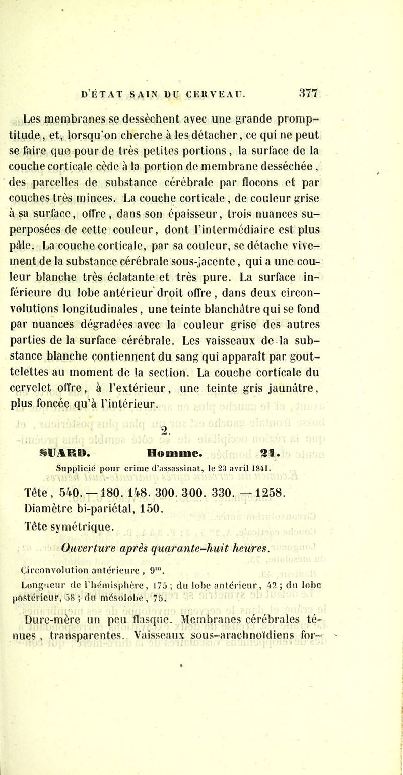 Les membranes se dessèchent avec une grande promp- titude , et, lorsqu’on cherche à les détacher, ce qui ne peut se foire que pour de très petites portions, la surface de la couche corticale cède à la portion de membrane desséchée, des parcelles de substance cérébrale par flocons et par couches très minces. La couche corticale, de couleur grise à sa surface, otfre, dans son épaisseur, trois nuances su- perposées de cette couleur, dont l’intermédiaire est plus pâle. La couche corticale, par sa couleur, se détache vive- ment de la substance cérébrale sous-jacente, qui a une cou- leur blanche très éclatante et très pure. La surface in- férieure du lobe antérieur droit offre, dans deux circon- volutions longitudinales , une teinte blanchâtre qui se fond par nuances dégradées avec la couleur grise des autres parties de la surface cérébrale. Les vaisseaux de la sub- stance blanche contiennent du sang qui apparaît par gout- telettes au moment de la section. La couche corticale du cervelet offre, à l’extérieur, une teinte gris jaunâtre, plus foncée qu’à l’intérieur. 2. Homme. Supplicié pour crime d’assassinat, le 23 avril 1841. Tête, 540. —180. 148. 300. 300. 330. —1258. Diamètre bi-pariétal, 150. Tète symétrique. Ouverture après quarante-huit heures. Circonvolution antérieure , 9'. Longueur de l’lié ni isp hère, 175 ; du lobe antérieur, 42 ; du lobe postérieur, 58 ; du mésolobe , 75. Dure-mère un peu flasque. Membranes cérébrales té- nues , transparentes. Vaisseaux sous-arachnoïdiens for-