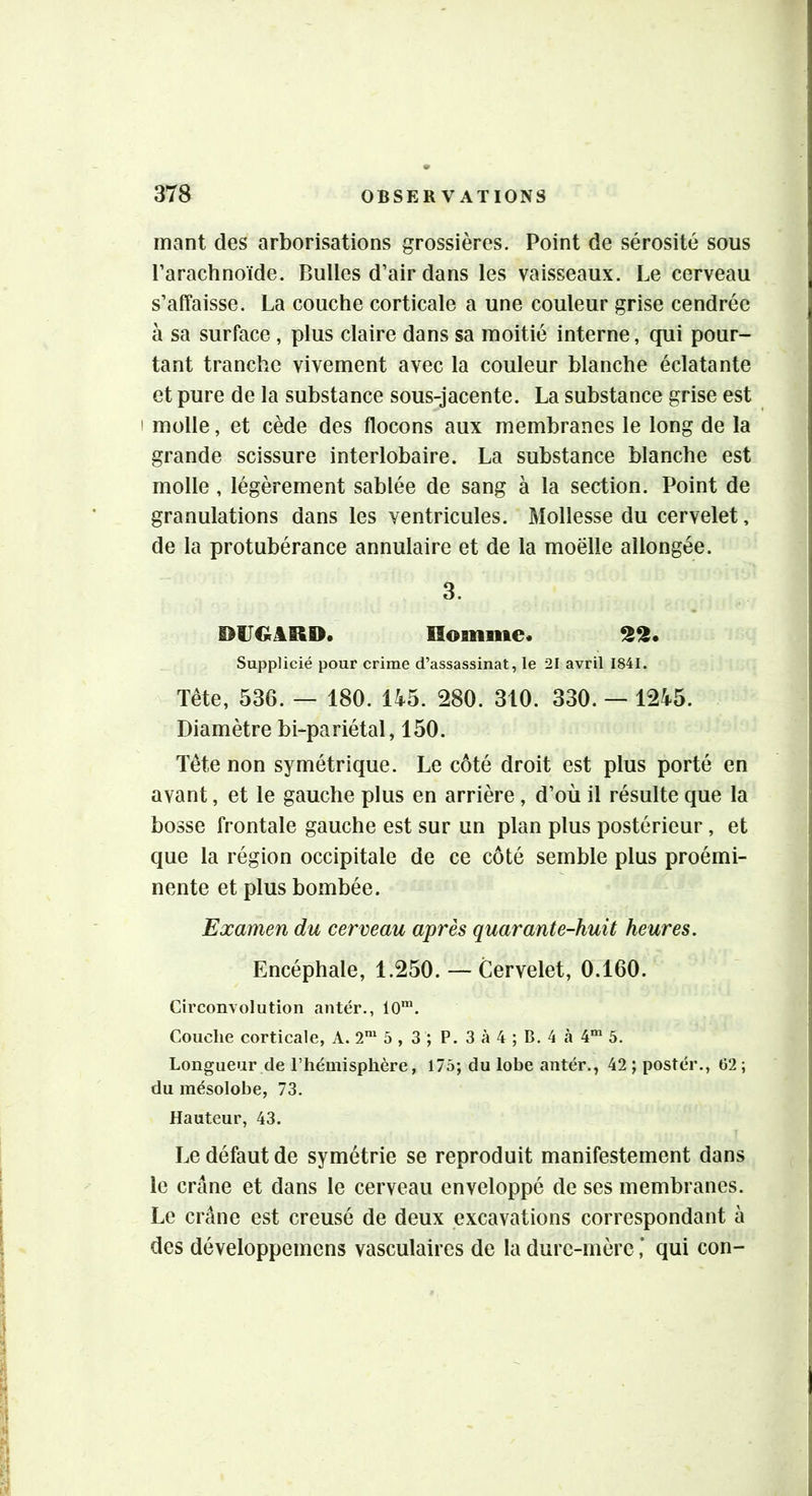 mant des arborisations grossières. Point de sérosité sous l’arachnoïde. Bulles d’air dans les vaisseaux. Le cerveau s’affaisse. La couche corticale a une couleur grise cendrée à sa surface , plus claire dans sa moitié interne, qui pour- tant tranche vivement avec la couleur blanche éclatante et pure de la substance sous-jacente. La substance grise est I molle, et cède des flocons aux membranes le long de la grande scissure interlobaire. La substance blanche est molle , légèrement sablée de sang à la section. Point de granulations dans les ventricules. Mollesse du cervelet, de la protubérance annulaire et de la moelle allongée. 3. DUOARD. Homme. ^2» Supplicié pour crime d’assassinat, le 21 avril 1841. Tête, 536. — 180. 145. 280. 310. 330. — 1245. Diamètre bi-pariétal, 150. Tête non symétrique. Le côté droit est plus porté en avant, et le gauche plus en arrière, d’où il résulte que la bosse frontale gauche est sur un plan plus postérieur, et que la région occipitale de ce côté semble plus proémi- nente et plus bombée. Examen du cerveau après quarante-huit heures. Encéphale, 1.250. — Cervelet, 0.160. Circonvolution antér., 10™. Couche corticale, A. 2™ 5 , 3 ; P. 3 à 4 ; B. 4 à 4™ 5. Longueur de l’hémisphère, 175; du lobe antér., 42 ; postér., 02 ; du mésolobe, 73. Hauteur, 43. Le défaut de symétrie se reproduit manifestement dans le crâne et dans le cerveau enveloppé de ses membranes. Le crâne est creusé de deux excavations correspondant à des développemens vasculaires de la dure-mère,' qui con-