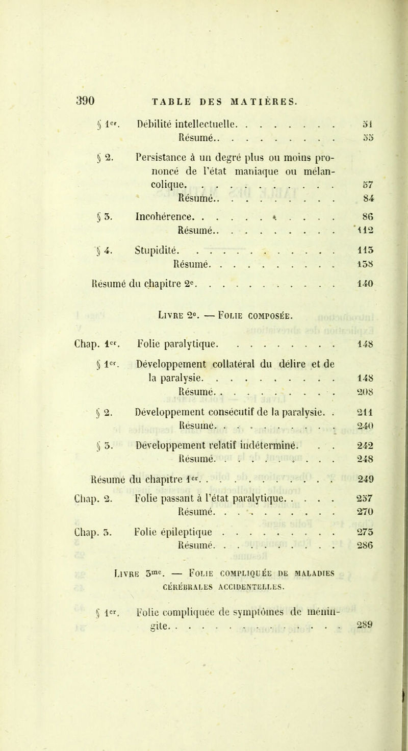§ le^ Débilité intellectuelle 51 Résumé 55 § 2. Persistance à un degré plus ou moins pro- noncé de l'état maniaque ou mélan- colique 57 Résumé 84 § 5. Incohérence ^ . 86 Résumé ‘il2 $ 4. Stupidité 115 Résumé 158 Résumé du chapitre 2® 140 Livre 2a. — Folie composée. Chap. lar. Folie paralytique 148 § lar. Développement collatéral du délire et de la paralysie 148 Résumé 208 §2. Développement consécutif de la paralysie. . 211 Résume 240 § 5. Développement relatif indéterminé. . . 242 Résumé . . . 248 Résumé du chapitre lar 249 Ciiap. 2. Folie passant à l’état paralytique 257 Résumé 270 Chap. 5. Folie épileptique 275 Résumé 286 Livre 5™a, — Folie compliquée de maladies CÉRÉBRALES ACCIDENTELLES. $ 1er. Polie comi)liquée de symplômes de ménin- gite 289