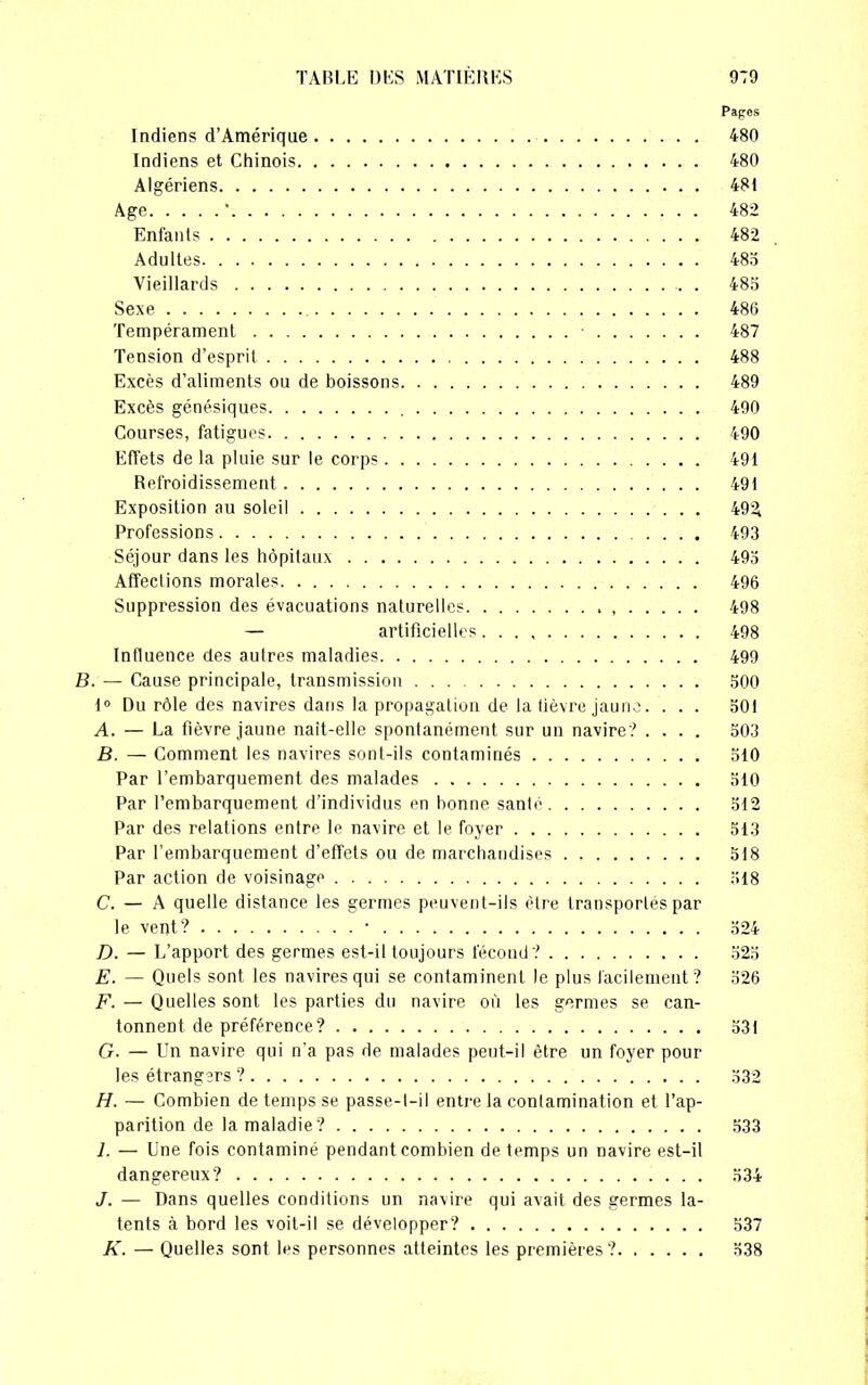 Indiens d’Amérique Indiens et Chinois Algériens Age * Enfants Adultes Vieillards Sexe Tempérament ■ Tension d’esprit Excès d’aliments ou de boissons Excès génésiques Courses, fatigues Effets de la pluie sur le corps Refroidissement Exposition au soleil Professions Séjour dans les hôpitaux Affections morales Suppression des évacuations naturelles — artificielles Influence des autres maladies B. — Cause principale, transmission 1° Du rôle des navires dans la propagation de la fièvre jaune. . . . A. — La fièvre jaune naît-elle spontanément sur un navire? . . . . B. — Comment les navires sont-ils contaminés Par l’embarquement des malades Par l’embarquement d’individus en bonne santé Par des relations entre le navire et le foyer Par l’embarquement d'effets ou de marchandises Par action de voisinage C. — A quelle distance les germes peuvent-ils être transportés par le vent? • D. — L’apport des germes est-il toujours fécond? E. — Quels sont les navires qui se contaminent le plus facilement? F. — Quelles sont les parties du navire où les germes se can- tonnent de préférence? G- — Un navire qui n’a pas de malades peut-il être un foyer pour les étrangers ? H. — Combien de temps se passe-l-il entre la contamination et l’ap- parition de la maladie? I. — Une fois contaminé pendant combien de temps un navire est-il dangereux? J. — Dans quelles conditions un navire qui avait des germes la- tents à bord les voit-il se développer? K. — Quelles sont les personnes atteintes les premières? Pages 480 480 481 482 482 485 485 486 487 488 489 490 490 491 491 492 493 493 496 498 498 499 500 50! 503 510 510 512 513 518 518 525 526 531 532 533 534 537 538