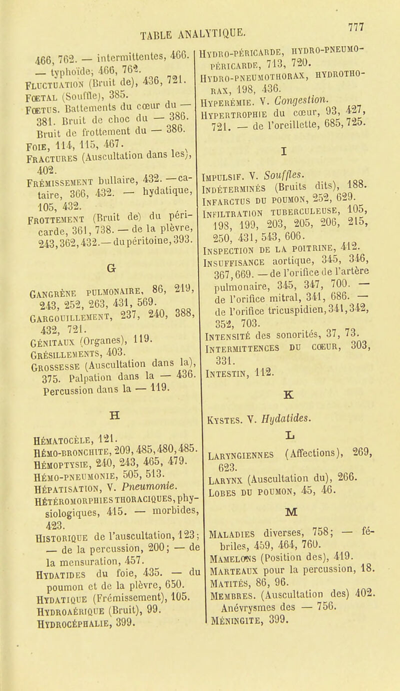 466, 762. - intermittentes, 4-66. I Hydro-péricarde^ iiydro-pneumo- . i -i„ tac 7<V» PÉRICARDE, 713, IM. _ typhoule 406 Jb I [Iydho-pneumothorax, hydrotho- Fluctuat.on Lruitde), 436, 7-1. ^ Ss ÏÏten ents8 u cœur du - Hyperémie. Y. Congestion. 381 Bruit de choc du - 386. | Hypertrophie du cœur, 93, 427, 721. de l'oreillette, 685, 725. Bvuit de frottement du — 386 Foie, 114, 115, 467. Fractures (Auscultation dans les,, Frémissement bullaire, 432. -ca- Impulsif. V. Souffles. , rS 43«» - hydatique, Indéterminés (Bruits dits), 188 *T\qo ' Infarctus du poumon, 252, 629 105, 432. Frottement (Bruit de) du péri- carde, 361, 738. —de la plèvre, 243,362,432.—dupéritoine, 393. G Gangrène pulmonaire, 86, 219 243, 252, 263, 431, 569. GARGOUILLEMENT, 237, 240, 388 432, 721. Génitaux (Organes), 119. Grésillements, 403. Grossesse (Auscultation dans la),. 375 Palpation dans la - 436. Intestin, 112 Percussion dans la — 119. întanijiuo W 7 - Infiltration tuberculeuse, 105, 198, 199, 203, 205, 206, 215, 250,431,543,606. Inspection de la poitrine, 412. Insuffisance aortique, 345, 346, 367,669. — de l'orifice de l'artère pulmonaire, 345, 347, 700. de l'orifice mitral, 341, 686. — de l'orifice tricuspidien, 341,342, 352, 703. Intensité des sonorités, 37, 73. Intermittences du coeur, 303, 331. H Hématocèle, 121. Hémo-bronchite, 209,485,480,485. Hémoptysie, 240, 243, 465, 479 Hémo-pneumonie, 505, 513. Hépatisation, V. Pneumonie. Hétéromorphies thoraciques, phy- siologiques, 415. — morbides, 423. Historique de l'auscultation, 123 — de la percussion, 200; — de la mensuration, 457. Hydatides du foie, 435. — du poumon et de la plèvre, 650. Hydatique (Frémissement), 105. Hydroaérique (Bruit), 99. Hydrocéphalie, 399. Kystes. Y. Hydatides. L Laryngiennes (Affections), 269, 623. Larynx (Auscultation du), 266. Lobes du poumon, 45, 46. M Maladies diverses, 758; — fé- briles, 459, 464, 760. Mamelons (Position des), 419. Marteaux pour la percussion, 18. Matités, 86, 96. Membres. (Auscultation des) 402. Anévrysmes des — 756. Méningite, 399.