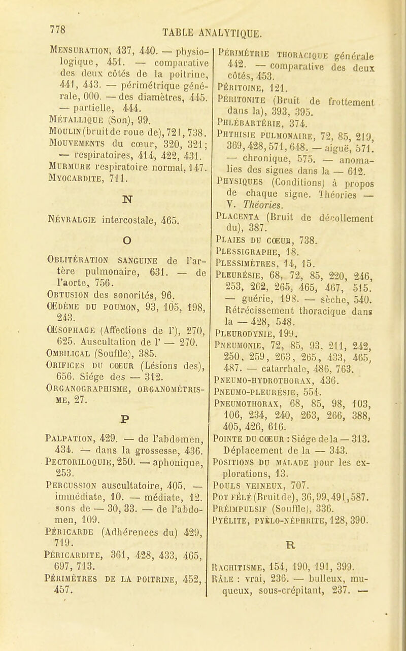 Mensuration, 437, 440. — physio- logique, 451. — comparative des deux côtés de la poitrine, 441, 443. — périmétrique géné- rale, 000. — des diamètres, 445. — partielle, 444. Métallique (Son), 99. MouLiN(bruitde roue de),721, 738. Mouvements du cœur, 320, 321; — respiratoires, 414, 422, 431. Murmure respiratoire normal, 147. Myocardite, 711. N Névralgie intercostale, 465. O Oblitération sanguine de l'ar- tère pulmonaire, 631. — de l'aorte, 756. Obtusion des sonorités, 96. OEDÈME du poumon, 93, 105, 198, 213. OEsophage (Affections de 1'), 270, 625. Auscultation de 1' — 270. Ombilical (Souffle), 385. Orifices du coeur (Lésions des), 656. Siège des — 312. Organographisme, organométris- me, 27. P Palpation, 429. — de l'abdomen, 434. — dans la grossesse, 436. Pectoriloquie, 250. — aphonique, 253. Percussion auscultatoire, 405. — immédiate, 10. — médiate, 12. sons de — 30, 33. — de l'abdo- men, 109. Péricarde (Adhérences du) 429, 719. Péricardite, 361, 428, 433, 465, 697, 713. Périmètres de la poitrine, 452, 457. Péiumétiue thoracique générale 442. — comparative des deux côtés, 453. Péritoine, 121. Péritonite (Bruit de frottement dans la), 393, 395. Phleiurtéiue, 374. Phtiiisie pulmonaire, 72, 85, 219 309,428,571,618.-aiguë, 57l! — chronique, 575. — anoma- lies des signes dans la — 612. Physiques (Conditions] à propos de chaque signe. Théories — V. Théories. Placenta (Bruit de décollement du), 387. Plaies du cqeub, 738. Plessigraphe, 18. Plessimètres, 14, 15. Pleurésie, 68, 72, 85, 220, 246, 253, 202, 265, 465, 467, 515. — guérie, 198. — sèche, 540. Rétrécissement thoracique dans la — 428, 548. Pleurodynie, 199. Pneumonie, 72, 85, 93, 211, 242, 250, 259, 263, 265, 433, 465, 487. — catarrhalc, 486, 763. Pneumo-hydrothorax, 436. Pneumo-pleurésie, 554. Pneumothorax, 68, 85, 98, 103, 106, 234, 240, 263, 266, 388, 405, 426, 616. Pointe du coeur : Siège delà — 313. Déplacement de la — 343. Positions du malade pour les ex- plorations, 13. Pouls veineux, 707. Pot fêlé (Bruil de), 36,99,491,587. Préimpulsif (Souffle), 336. Pyélite, pyklo-néphiute, 128,390. R Rachitisme, 154, 190, 191, 399. RÂLE : vrai, 236. — bullcux, mu- queux, sous-crépitant, 237. —