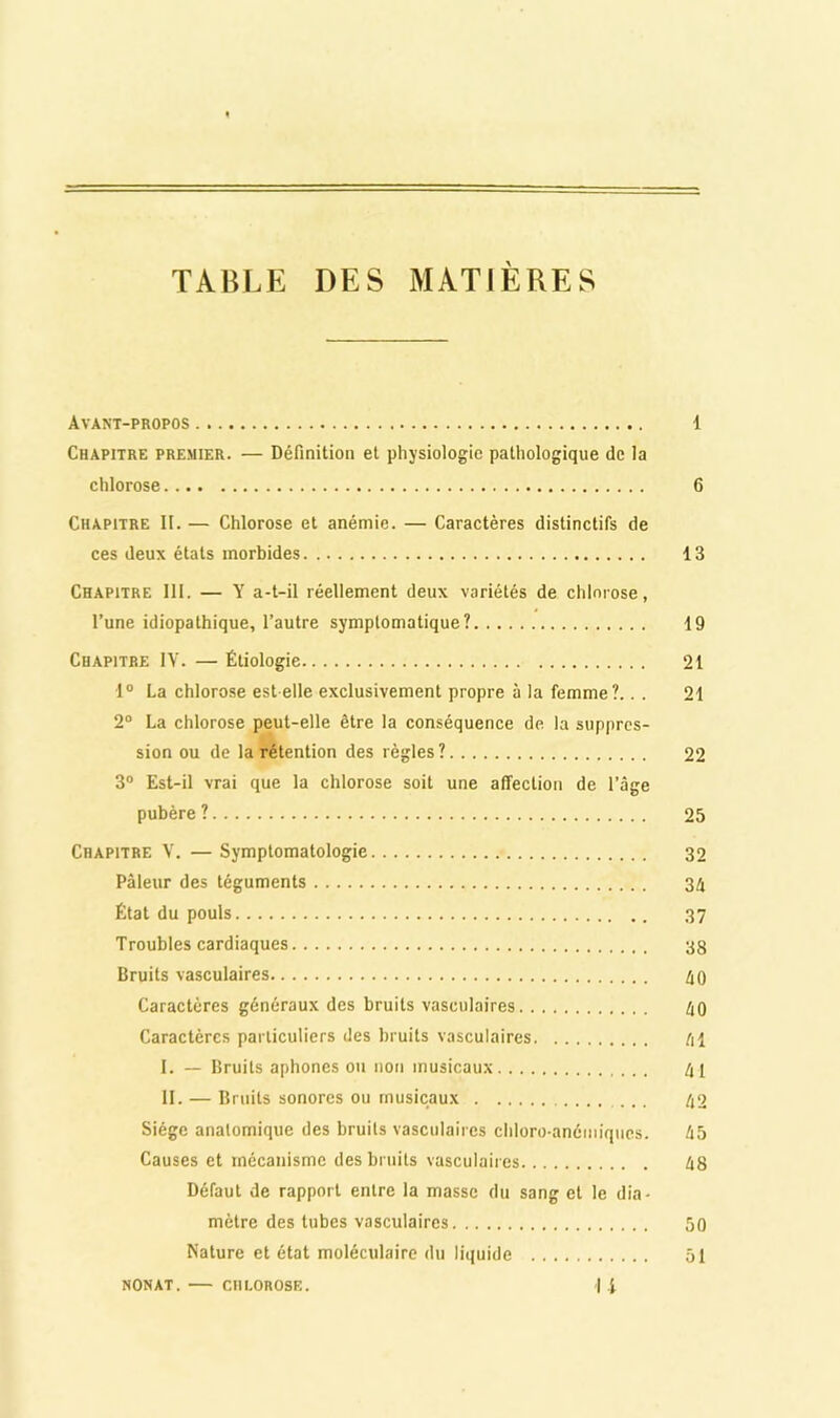 TABLE DES MATIÈRES Avant-propos 1 Chapitre premier. — Définition et physiologie pathologique de la chlorose 6 Chapitre II. — Chlorose et anémie. — Caractères distinctifs de ces deux états morbides 13 Chapitre 111. — Y a-t-il réellement deux variétés de chlorose, l’une idiopathique, l’autre symptomatique? 19 Chapitre IV. — Étiologie 21 1® La chlorose est-elle exclusivement propre à la femme ?... 21 2® La chlorose peut-elle être la conséquence de la suppres- sion ou de la rétention des règles? 22 3® Est-il vrai que la chlorose soit une affection de l’âge pubère? 25 Chapitre V. — Symptomatologie 32 Pâleur des téguments 34 État du pouls 37 Troubles cardiaques 38 Bruits vasculaires 40 Caractères généraux des bruits vasculaires 40 Caractères particuliers des bruits vasculaires 41 I. — Bruits aphones ou non musicaux 41 II. — Bruits sonores ou musicaux ... 42 Siège anatomique des bruits vasculaires chloro-anéiiiiqucs. 45 Causes et mécanisme des bruits vasculaires 48 Défaut de rapport entre la masse du sang et le dia- mètre des tubes vasculaires 50 Nature et état moléculaire du liquide 51 NON AT. CHLOROSE. 1 -i