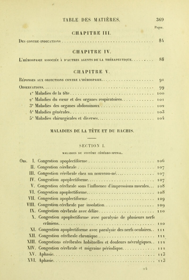 Pages. CHAPITRE III. Des contre-indications 84 CHAPITRE IV. L'hÉMOSPASIE ASSOCIÉE À D'AUTRES AGENTS DE LA THERAPEUTIQUE 88 CHAPITRE V. Réponses aux objections contre l'hémospasie 91 Observations 99 i° Maladies de Ja tête 100 2° Maladies du cœur et des organes respiratoires 101 3° Maladies des organes abdominaux 102 k° Maladies générales 1 o3 5° Maladies chirurgicales et diverses io/j MALADIES DE LA TETE ET DU HACHIS. SECTION I. MALADJKS DU SYSTEME CKREBRO-SPINAL. Obs. I. Congestion apoplectiforme . 106 II. Congestion cérébrale 107 III. Congestion cérébrale chez un nouveau-né 107 IV. Congestion apoplectiforme.... 107 V. Congestion cérébrale sous l'influence d'impressions morales... 108 VI. Congestion apoplectiforme 108 VIL Congestion apoplectiforme 109 VIII. Congestion cérébrale par insolation 109 IX. Congestion cérébrale avec délire 110 X. Congestion apoplectiforme avec paralysie de plusieurs nerfs crâniens 110 XL Congestion apoplectiforme avec paralysie des nerfs oculaires.. 111 XII. Congestion cérébrale chronique 111 XIII. Congestions cérébrales habituelles et douleurs névralgiques.. hq XIV. Congestion cérébrale et migraine périodique 119 XV. Aphasie 11 XVI. Aphasie 11