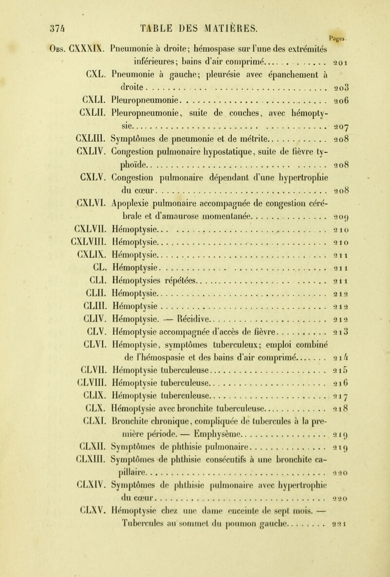 Pages. Obs. GXXXIX. Pneumonie à droite; hémospase sur l'une des extrémités inférieures; bains d'air comprimé 201 CXL. Pneumonie à gauche; pleurésie avec épanchement à droite 2o3 CXLI. Pleuropneumonie 206 GXL1L Pleuropneumonie, suite de couches, avec hémopty- sie 207 CXLII1. Symptômes de pneumonie et de métrite 208 GXLIV. Congestion pulmonaire hypostatique, suite de lièvre ty- phoïde 208 GXLV. Congestion pulmonaire dépendant d'une hypertrophie du cœur 208 GXLVI. Apoplexie pulmonaire accompagnée de congestion céré- brale et d'amaurose momentanée 209 GXLVII. Hémoptysie 210 GXLV1I1. Hémoptysie 210 GXL1X. Hémoptysie ... 211 CL. Hémoptysie 211 CL1. Hémoptysies répétées 211 CLII. Hémoptysie 212 CLIII. Hémoptysie 212 CLIV. Hémoptysie. — Récidive 212 CLV. Hémoptysie accompagnée d'accès de fièvre 2i3 CLVI. Hémoptysie, symptômes tuberculeux; emploi combiné de l'hémospasie et des bains d'air comprimé........ 21 h CLVIÏ. Hémoptysie tuberculeuse 2i5 CLVIII. Hémoptysie tuberculeuse.. 216 CL1X. Hémoptysie tuberculeuse 217 CLX. Hémoptysie avec bronchite tuberculeuse 218 CLXI. Bronchite chronique, compliquée de tubercules à la pre- mière période. — Emphysème 219 CLX1I. Symptômes de phthisie pulmonaire 219 GLXIII. Symptômes de phthisie consécutifs à une bronchite ca- pillaire 220 GLXIV. Symptômes de phthisie pulmonaire avec hypertrophie du cœur 220 CLXV. Hémoptysie chez une dame enceinte de sept mois. — Tubercules au sommet du poumon gauche 321