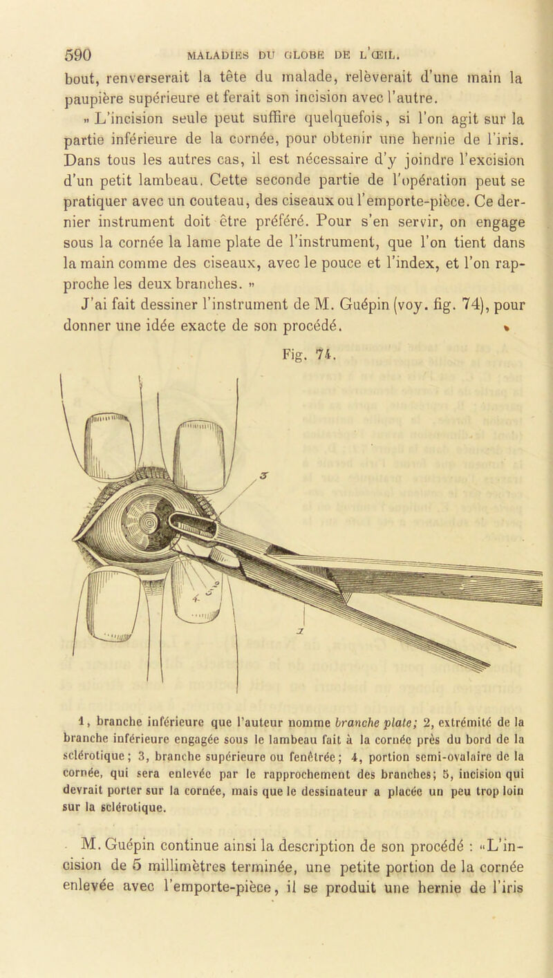 bout, renverserait la tête du malade, relèverait d’une main la paupière supérieure et ferait son incision avec l’autre. .. L’incision seule peut suffire quelquefois, si l’on agit sur la partie inférieure de la cornée, pour obtenir une hernie de l’iris. Dans tous les autres cas, il est nécessaire d’y joindre l’excision d’un petit lambeau. Cette seconde partie de l'opération peut se pratiquer avec un couteau, des ciseaux ou l’emporte-pièce. Ce der- nier instrument doit être préféré. Pour s’en servir, on engage sous la cornée la lame plate de l’instrument, que l’on tient dans la main comme des ciseaux, avec le pouce et l’index, et l’on rap- proche les deux branches. » J’ai fait dessiner l’instrument de M. Guépin (voy. fig. 74), pour donner une idée exacte de son procédé. » Fig. 74. 1, branche inférieure que l’auteur nomme branche plate ; 2, extrémité de la branche inférieure engagée sous le lambeau fait à la cornée près du bord de la sclérotique; 3, branche supérieure ou fenêlrée; 4, portion semi-ovalaire de la cornée, qui sera enlevée par le rapprochement des branches; 5, incision qui devrait porter sur la cornée, mais que le dessinateur a placée un peu trop loin sur la sclérotique. M. Guépin continue ainsi la description de son procédé : «L’in- cision de 5 millimètres terminée, une petite portion de la cornée enlevée avec l’emporte-pièce, il se produit une hernie de l’iris