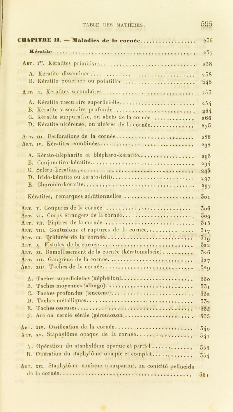 CHAPITRE II. — fflnlncl ie.s de lo eorn<^e 236 K.ëratite 23y Abt. i'. Kéralilos priinilivc.s 238 A. Kératite disséminée 2 38 B. Kératite ponctuée ou poinlillée Aiit. II. Kératites secondaires 255 A. Kératite vasculaire superficielle 254 B. Kératite vasculaire [irofonde a6/) C. Kératite suppurative, on abcès de la cornée a66 D. Kératite ulcéreuse, ou ulcères de la cornée a75 Anr. m. Perforations de la cornée a86 Aut. IV. Kératites combinées 292 A. Kérato-blépharite et blépharo-kéralitc agS B. Conjonctivo-kéralile 294 C. Scléro-kéralile 395 D. Irido-kéralite ou kéralo-iritis 297 E. Choroïdo-kéralile 297 Kératites, remarques additionnelles 3oi Ai\t. V. Coupures de la coruée 3o6 Abt. VI, Corps étrangers de la cornée 509 Aht. VII. Piqûres de la cornée 3i5 Abt. VIII. Contusions et ruptures de la cornée 317 Abt. IX. Çrûlures de la cornée T ;.. 3ig Abt. X. Fistules de la cornée 322 Abt. XI. Ramollissement de la cornée (kératomalacie) 326 Abt. .xn. Gangrène de la cornée 027 Abt. XIII. Taches de la cornée 329 A. 'J’aches superficielles fnéphéliou) 33o B. Taches moyennes falbugo) 33l C. Taches profondes (leucomet.. 332 D. Taches métalliques 332 E. Taches o.'îsouses 33^ F. Arc ou cerclé sénile (géroutoxonj 555 Art. XIV. Ossification de la cornée 3^^ .Abt. XV. Staphylôme opaque de la cornée 3/^ \. Opération du staphylôme opaque cl partiel 553 B. Oiiéralion du staphylôme opaque et complet 55^ Art. XVI. .Staphylôme conique Iran8|)arcnt, ou conicilé pellucide dé la cornée 3g j