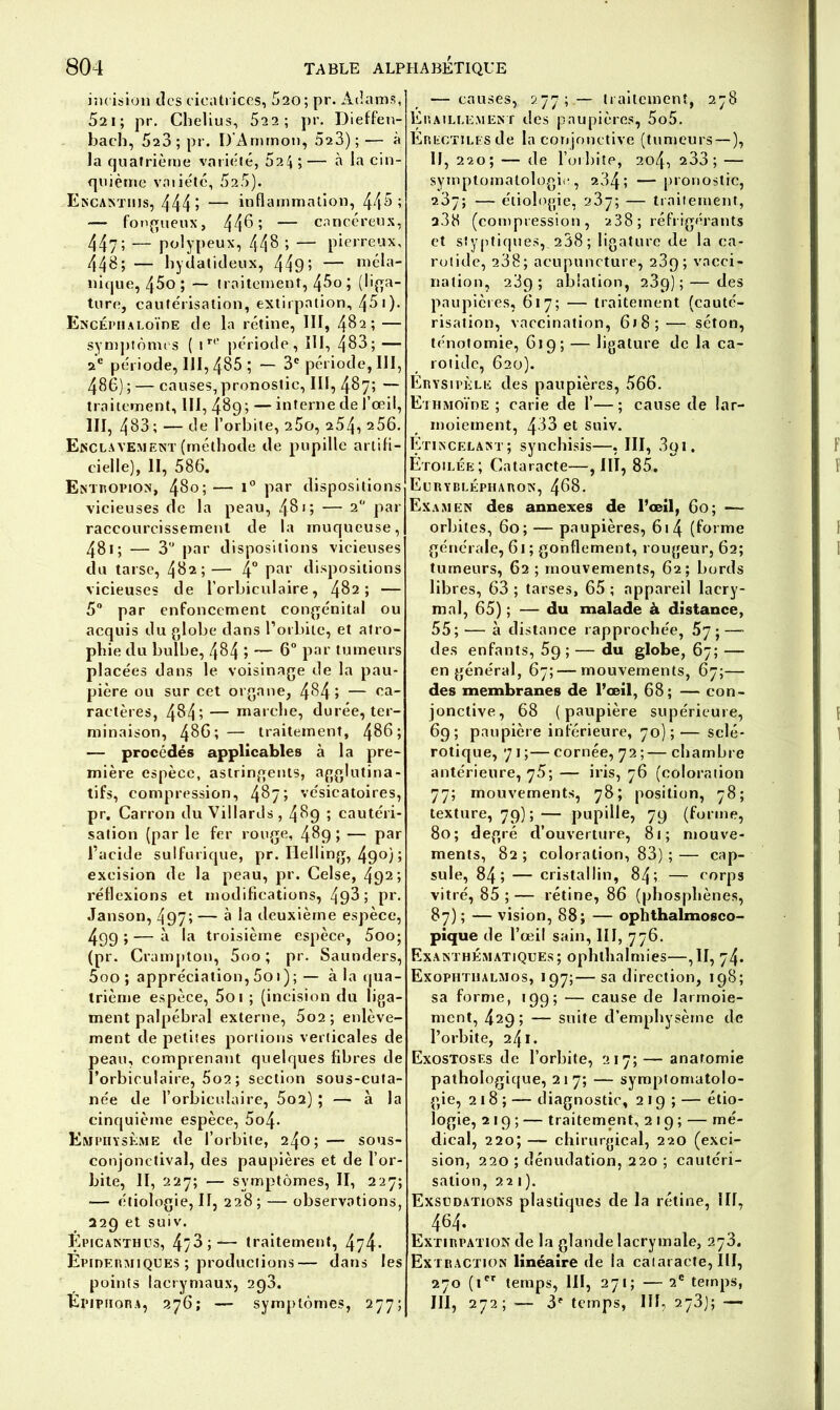 incision des cicatrices, 520; pr. Adams, 621; pr. Chelius, 522; pr. Dieffen- bach, 523 ; pr. DAmmon, 523);— à la quatrième variété, 024;— à la cin- quième vmiété, 525). Encantiiis, 444> — inflammation, 44 5 ; —- fongueux, 44^? — cancéreux, 44y; — polypeux, 44^ > — pierreux, 44B; — hydatideux, 449 5 — méla- nique, 45o ; — traitement, 45o ; (liga- ture, cautérisation, extirpation, 4^0- Encéphaloïde de la rétine, III, 482; — symptômes ( tre période, III, 483; — 2e période, III, 485 ; — 3e période, III, 486) ; — causes,pronostic, III, 487; — traitement, III, 489; — interne cle l’œil, III, 483 ; — de l’orbite, 25o, 254, 9-56. Enclavement (méthode de pupille artifi- cielle), II, 586. Entropion, 480;— i° par dispositions vicieuses de la peau, 48•; — 2 par raccourcissement de la muqueuse, 48i; — 3U par dispositions vicieuses du tarse, 482;— 4° Par dispositions vicieuses de l’orbiculaire, 482; — 5° par enfoncement congénital ou acquis du globe dans l’orbite, et atro- phie du bulbe, 4§4 5 — 6° par tumeurs placées dans le voisinage de la pau- pière ou sur cet organe, 484 > — oa_ ractères, 484 5 — marche, durée, ter- minaison, 486; — traitement, 486; — procédés applicables à la pre- mière espèce, astringents, agglutina- tifs, compression, 487» vésicatoires, pr. Carron du Villards, 489 ; cautéri- sation (par le fer rouge, 489; — par l’acide sulfurique, pr. Ilelling, 49°) 5 excision de la peau, pr. Celse, 4925 réflexions et modifications, 49^ ; pr. Janson, 4975 — à la deuxième espèce, 499 ; — à la troisième espèce, 5oo; (pr. Crampton, 5oo ; pr. Saunders, 500 ; appréciation, 5o 1 ) ;— à la qua- trième espèce, 5oi ; (incision du liga- ment palpébral externe, 5o2; enlève- ment de petites portions verticales de peau, comprenant quelques fibres de l’orbiculaire, 5o2 ; section sous-cuta- née de l’orbiculaire, 5oa) ; — à la cinquième espèce, 5o4- Emphysème de l’orbite, 240; — sous- conjonctival, des paupières et de l’or- bite, II, 227; — symptômes, II, 227; -— étiologie, II, 228; — observations, 229 et suiv. Epicanthus, 4?3 ; -— traitement, 474* Epidermiques ; productions— dans les points lacrymaux, 298. ÉpipiioRa, 276; — symptômes, 277; — causes, 277; — traitement, 278 Eraillement des paupières, 5o5. Erectiles de la conjonctive (tumeurs — ), II, 220; — de l’orbite, 204, 233; — symptomatologie, a34; — pronostic, 23y; — étiologie, 237; — traitement, a3h (compression, 238 ; réfrigérants et styptiques, 238 ; ligature de la ca- rotide, 238; acupuncture, 23p; vacci- nation, 289; ablation, 2.39); — des paupières, 617; — traitement (cauté- risation, vaccination, 618;— séton, ténotomie, 619; — ligature de la ca- roiide, 620). Erysipèle des paupières, 566. Ethmoïde ; carie de 1’—; cause de lar- moiement, 433 et suiv. Etincelant; synchisis—, III, 3qi. Etoilée;; Cataracte—, III, 85. Eurybi.épharon, 468. Examen des annexes de l’œil, 60; — orbites, 60; — paupières, 61 4 (forme générale, 61 ; gonflement, rougeur, 62; tumeurs, 62 ; mouvements, 62; bords libres, 63 ; tarses, 65 ; appareil lacry- mal, 65) ; — du malade à distance, 55; — à distance rapprochée, 57;-— des enfants, 5g ; — du globe, 67; — en général, 67; — mouvements, 67;— des membranes de l’œil, 68; — con- jonctive, 68 (paupière supérieure, 69; paupière inférieure, 70); — sclé- rotique, 7 1 ;— cornée, 72 ;— chambre antérieure, 75; — iris, 76 (coloration 77; mouvements, 78; position, 78; texture, 79);— pupille, 79 (forme, 80; degré d’ouverture, 81; mouve- ments, 82 ; coloration, 83) ; — cap- sule, 84; — cristallin, 84; — corps vitré, 85 ; — rétine, 86 (phosphènes, 87); — vision, 88; — ophthalmosco- pique de l’œil sain, III, 776. Exanthématiques; ophthalmies—,11, 74. Exophtiialmos, 197;—sa direction, 198; sa forme, 199; — cause de larmoie- ment, 429; — suite d’emphysème de l’orbite, 241. Exostoses de l’orbite, 217;— anatomie pathologique, 217; — symptomatolo- gie, 2 18 ; — diagnostic, 219; — étio- logie, 219 ; — traitement, 219; — mé- dical, 220; — chirurgical, 220 (exci- sion, 220 ; dénudation, 220 ; cautéri- sation, 221). Exsudations plastiques de la rétine, ÎII, 464. Extirpation de la glande lacrymale, 273. Extraction linéaire de la cataracte, III, 270 (icr temps, III, 271; — 2e temps, III, 272; -— 3f temps, III, 273); —