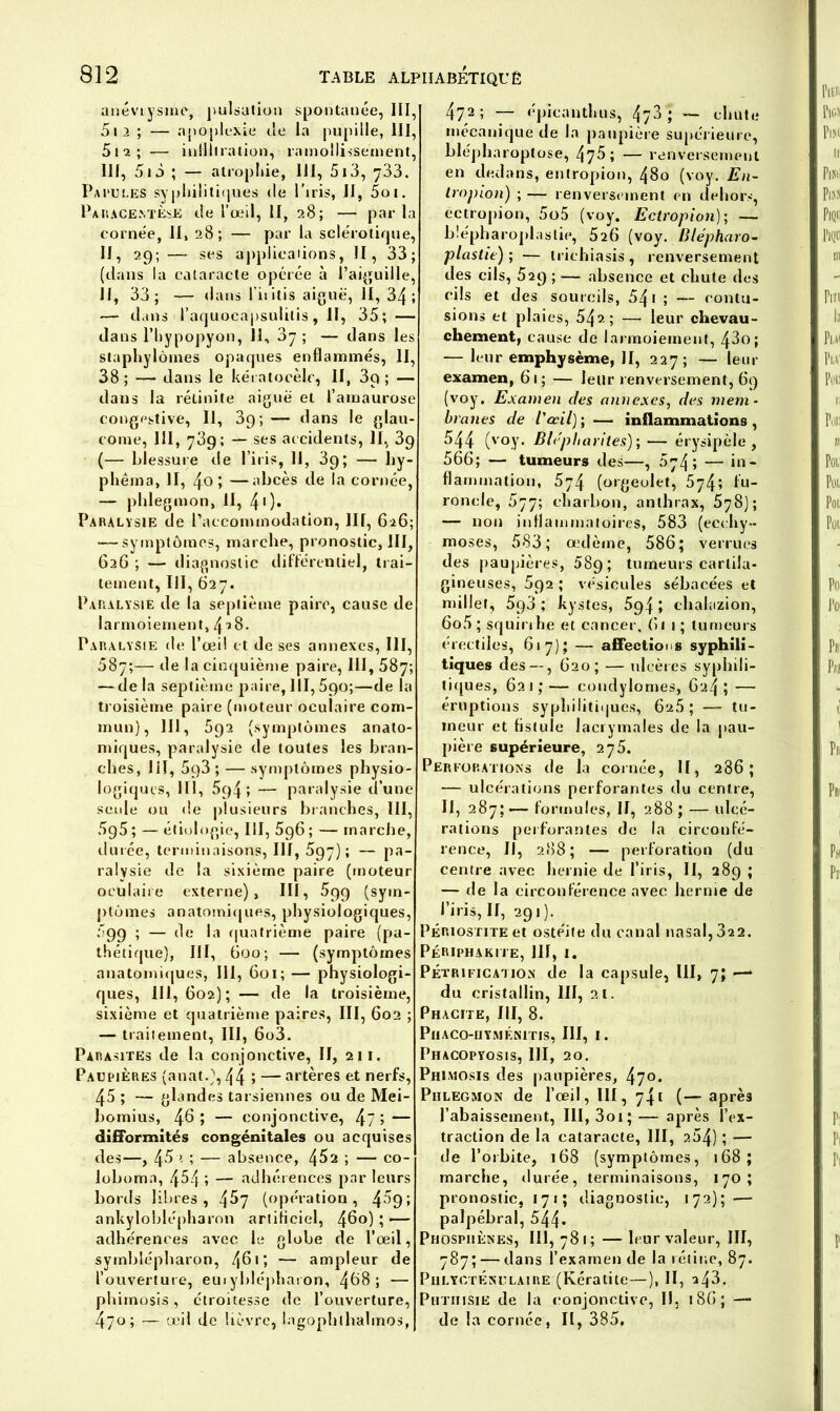 anéviysme, pulsation spontanée, III, 5» a ; — apoplexie de la pupille, III, 5ia; — infiltration, ramollissement, III, 5t3 ; — atropine, III, 5i3, ^33. PahjI.es syphilitiques de l’iris, II, 5oi. Paracentèse de l’œil, II, 28; — parla cornée, II, 28; — par la sclérotique, II, 29 ; — ses applications, II, 33; (dans la cataracte opérée à l’aiguille, H, 33; — dans l’iritis aiguë, H, 34; — dans l’aquocapsulitis, II, 35; — dans l’hypopyon, 11, 87 ; — dans les staphylômes opaques enflammés, II, 38; — dans le kératocèlc, II, 3q ; — dans la rétinite aiguë et l’amaurose congestive, II, 39; — dans le glau- come, III, 739; — ses accidents, II, 39 (— blessure de l’iris, 11, 39; — hy- phêma, II, 4o > —abcès de la cornée, — phlegmon, 11, 40. Paralysie de l’accommodation, III, 626; *—symptômes, marche, pronostic, III, 626 ; — diagnostic différentiel, trai- tement, III, 627. Paralysie de la septième paire, cause de larmoiement, 4 *8. Paralysie de l’œil et de ses annexes, III, 587;— de la cinquième paire, III, 587; — de la septième paire, III, 5go;—de la troisième paire (moteur oculaire com- mun), 111, 692 (symptômes anato- miques, paralysie de toutes les bran- ches, 1 il, 5q3 ; — symptômes physio- logiques, 111, 5q4 ; — paralysie d’une seule ou de plusieurs branches, III, 595 ; — étiologie, III, 596 ; — marche, durée, terminaisons, III, 597); — pa- ralysie de la sixième paire (moteur oculaire externe), III, 5pg (sym- ptômes anatomiques, physiologiques, 599 ; — de la quatrième paire (pa- thétique), III, 600; — (symptômes anatomiques, III, 601; — physiologi- ques, 111, 602); — de la troisième, sixième et quatrième paires, III, 602 ; — traitement, III, 6o3. Parasites de la conjonctive, II, 211. Paupières (anat.), 44 > —artères et nerfs, 45 ; — glandes tarsiennes ou de Mei- bomius, 46 ; — conjonctive, ; — difformités congénitales ou acquises des—, 45 ; — absence, 4^2 ; — co- loboma, 4^4 5 — adhérences par leurs bords libres, 4^7 (opération, 4^9* ankyloblépharon artificiel, 4^o) ; — adhérences avec le globe de l’œil, syinblépharon, 461; — ampleur de l’ouverture, eui yblépharon, 4^8 ; — phimosis, étroitesse de l’ouverture, 470; — œil de lièvre, Ingophlhalmos, 4?2; — épicanthus, 473 ; — chute mécanique de la paupière supérieure, blépharoptose, 475; — renversement en dedans, entropion, 480 (voy. En- tropion) ; — renversement en dehors, ectropion, 5o5 (voy. Ectropion); — blépharoplastie, 526 (voy. Blépharo- plastie') ; — trichiasis , renversement des cils, 529 ; — absence et chute des cils et des sourcils, 541 ; — contu- sions et plaies, 54?.; —■ leur chevau- chement, cause de larmoiement, 43o; — leur emphysème, II, 227; — leur examen, 61; — leur renversement, 69 (voy. Examen des annexes, des mem- branes de l'œil); — inflammations, 544 (voy. Blépharites);— érysipèle, 566; — tumeurs des—, 5y4; — in- flammation, 574 (orgeolet, 574; fu- roncle, 577; charbon, anthrax, 578); — non inflammatoires, 583 (ecchy- moses, 583; œdème, 586; verrues des paupières, 589; tumeurs cartila- gineuses, 692 ; vésicules sébacées et millet, 5p3 ; kystes, 594 ; chalazion, 6o5 ; squirrhe et cancer, 61 1; tumeurs érectiles, 617); — affections syphili- tiques des — , 620; — ulcères syphili- tiques, 621;— condylomes, 624 ; — éruptions syphilitiques, 6u5 ; — tu- meur et fistule lacrymales de la pau- pière supérieure, 27 5. Perforations de la cornée, II, 286; — ulcérations perforantes du centre, II, 287; — formules, II, 288 ; — ulcé- rations perforantes de la circonfé- rence, II, 2(88; —- perforation (du centre avec hernie de l’iris, II, 289 ; — de la circonférence avec hernie de l’iris, II, 291). Périostite et ostéite du canal nasal, 322. PéRiphakite, III, 1. Pétrification de la capsule, III, 7; —* du cristallin, III, 21. Phacite, III, 8. PlIACO-UYMÉNlTIS, III, I. Phacopyosis, III, 20. Phimosis des paupières, 47°* Phlegmon de l’œil, III, 741 (— après l’abaissement, III, 3oi; — après l’ex- traction de la cataracte, III, 254); — de l’orbite, 168 (symptômes, 168; marche, durée, terminaisons, 170 ; pronostic, 171; diagnostic, 172); — palpébral, 544- Piiospiiènes, III, 781; — leur valeur, III, 787; — dans l’exarnen de la rétine, 87. PhlyctÉnulaire (Kératite—), II, ^43. Phthisie de la conjonctive, II, 186; —- de la cornée, II, 385,