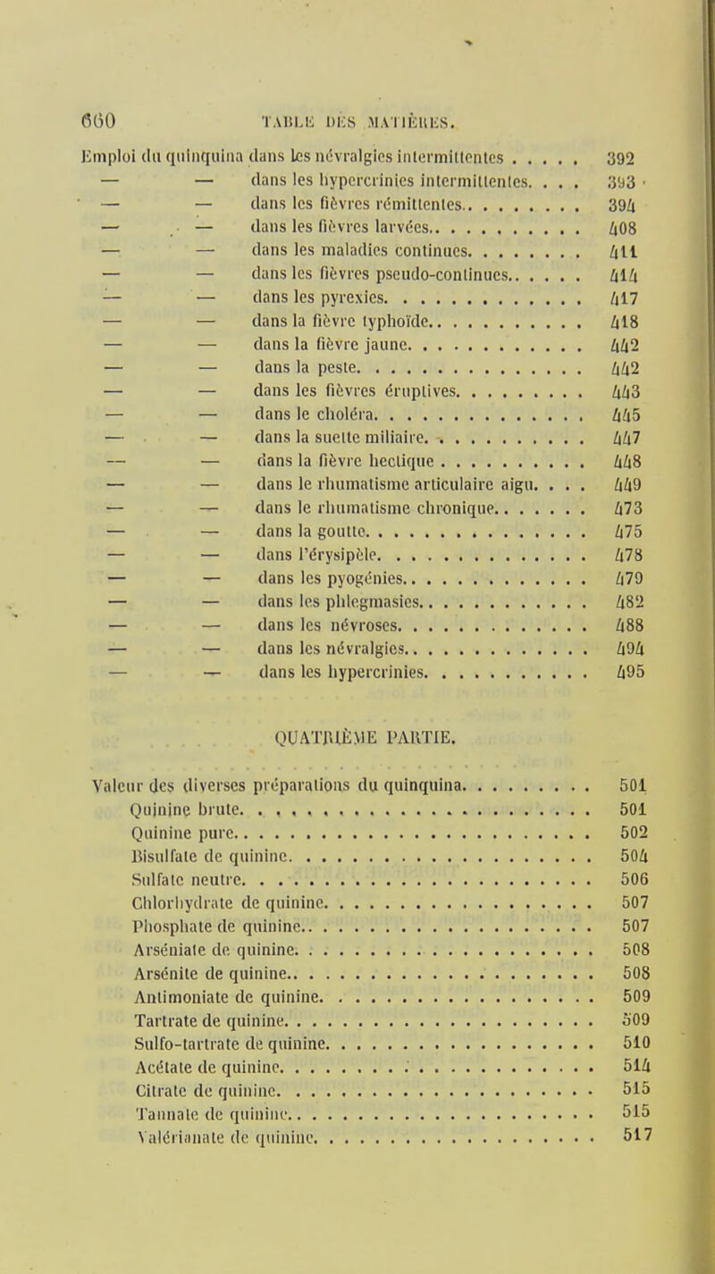 (560 TAiîLi': mes MAiiiiiuis. limploi du quinquina dans les névralgies inlermitlcnlcs 392 — — dans les liypcrcrinics inlermitlcnlcs. . . . 393 • — — dans les fièvres rémitlenles 394 — — dans les fifîvres larv(ics Zi08 —. — dans les maladies continues Zill — — dans les fièvres pseudo-continues Uik — — dans les pyrexies /il7 — — dans la fièvre typhoïde Z|18 — — dans la fièvre jaune Uk'i' — — daus la peste ixlxl — — dans les fièvres éruptives Z|Z|3 — — dans le choléra Ixk^ — — dans la suettc miliairc hhl — — dans la fièvi-e hectique 6Z|8 — — dans le rhumatisme articulaire aigu. . . . kh^ — — dans le rhumatisme chronique i73 — — dans la goutte /i75 — — dans l'érysipcle /|78 — — dans les pyogénies Z|79 — — dans les phlegmasies Zi82 — — dans les névroses Zi88 — — dans les névralgies Zi9Zi — — dans les hypercrinies Zl95 OUATraÈME PARTIE. Valeur des diverses préparations du quinquina 501 Quinine brute 501 Quinine pure 502 BisulTale de quinine 504 Sulfate neutre 506 Chlorhydrate de quinine 507 Pliosphate de quinine 507 Arséniale de quinine 508 Arsénite de quinine 508 Anlimouiate de quinine 509 Tartrate de quinine 509 Sulfo-tarlrate de quinine 510 Acétate de quinine 514 Citrate de quinine 515 Tannale de quinine 515 Valériiinate de quinine 517