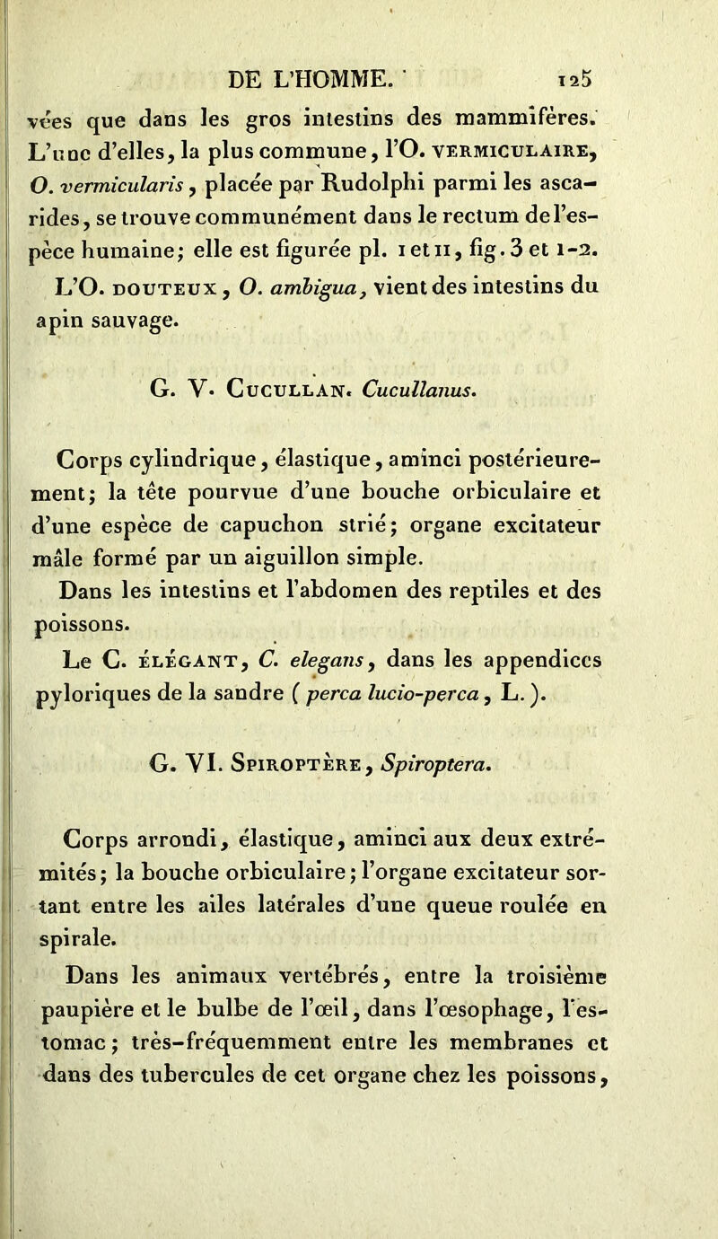 DE L’HOMME. i2Î> vées que dans les gros intestins des mammifères. L’une d’elles, la plus commune, l’O. vermiculaire, O. vermicularis, placée par Rudolphi parmi les asca- rides, se trouve communément dans le rectum del’es- pèce humaine; elle est figurée pl. ietu, fig.3 et 1-2. L’O. douteux , O. anibigua, vient des intestins du a pin sauvage. G. V* CüCULLAN. Cuculïanus. Corps cylindrique, élastique, aminci postérieure- ment; la tête pourvue d’une bouche orbiculaire et d’une espèce de capuchon strié; organe excitateur mâle formé par un aiguillon simple. Dans les intestins et l’abdomen des reptiles et des poissons. Le C. élégant, C. elegans, dans les appendices pyloriques de la sandre ( perça lucio-perca, L. ). G. VI. Spiroptère, Spiroptera. Corps arrondi, élastique, aminci aux deux extré- mités; la bouche orbiculaire; l’organe excitateur sor- tant entre les ailes latérales d’une queue roulée eu spirale. Dans les animaux vertébrés, entre la troisième paupière et le bulbe de l’œil, dans l’œsophage, l’es- tomac ; très-fréquemment entre les membranes et dans des tubercules de cet organe chez les poissons,