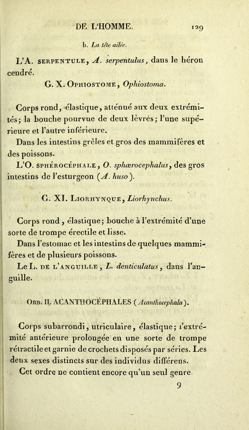 ia9 b. La télé ailée. L’A. serpentule, A. serpeTitulus, dans le héron cendré. G. X. Ophiostome, Ophiostoma. Corps rond, élastique, atténué aux deux extrémi- tés; la bouche pourvue de deux lèvrés; l’une supé- rieure et l’autre inférieure. Dans les intestins grêles et gros des mammifères et des poissons. L’O. SphÉrocephale , O. sphœrocephalus, des gros intestins de l’esturgeon (A. huso). G. XI. Liorhynque, Liorhynchus. Corps rond , élastique; bouche à l’extrémité d’une sorte de trompe érectile et lisse. Dans l’estomac et les intestins de quelques mammi- fères et de plusieurs poissons. Le L. de l’anguille, L. denticulatus, dans l’an- guille. Ord. II. ÀCANTHOCEPHÀLES ( Acanthocephala Corps subarrondi, utriculaire, élastique; l’extré- mité antérieure prolongée en une sorte de trompe rétractile et garnie de crochets disposés par séries. Les deux sexes distincts sur des individus différens. Cet ordre ne contient encore qu’un seul genre. 9