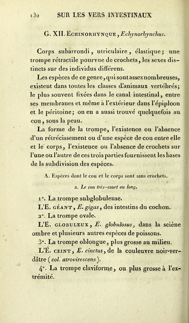 G. XII. Echinoriiynque , Ecliynorhynchus. Corps subarrondi , utriculaire , élastique ; une trompe rétractile pourvue de crochets, les sexes dis- tincts sur des individus différens. Les espèces de ce genre, qui sont assez nombreuses, existent dans toutes les classes d’animaux vertébrés; le plus souvent fixées dans le canal intestinal, entre ses membranes et même à l’extérieur dans l’épiploon et le péritoine; on en a aussi trouvé quelquefois au cou, sous la peau. La forme de la trompe, l’existence ou l’absence d’un rétrécissement ou d’une espèce de cou entre elle et le corps, l’existence ou l’absence de crochets sur l’une ou l’autre de ces trois parties fournissent les bases de la subdivision des espèces. A. Espèces dont le cou et le corps sont sans crochets, a. Le cou très-court ou long. i°. La trompe subglobuleuse. L’E. géant , E. gigas, des intestins du cochon. 2°. La trompe ovale. L’E. globuleux, E. globulosus, dans la sciène ombre et plusieurs autres espèces de poissons. 3°. La trompe oblongue, plus grosse au milieu. L’E. ceint, E. cinctusy de la couleuvre noir-ver- dâtre (col. atrovirescens). 4°. La trompe claviforme, ou plus grosse à l’ex- trémité.