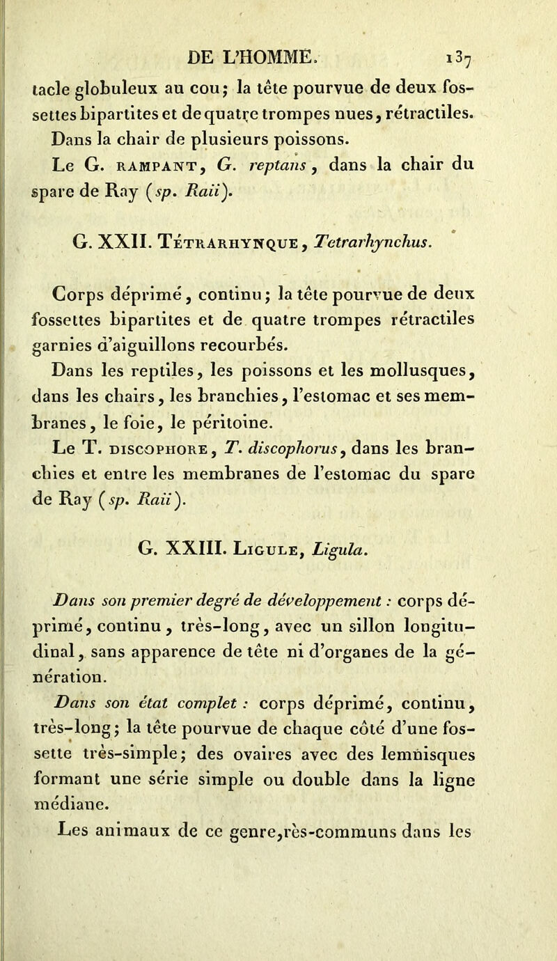 lacle globuleux au cou; la tête pourvue de deux fos- settes bipartites et de quatre trompes nues, rétractiles. Dans la chair de plusieurs poissons. Le G. rampant, G. reptans, dans la chair du spare de Ray ( sp. Raii). G. XXII. TÉtrarhynque, Tctrarliynchus. Corps déprimé, continu ; la tête pourvue de deux fossettes bipartites et de quatre trompes rétractiles garnies d’aiguillons recourbés. Dans les reptiles, les poissons et les mollusques, dans les chairs, les branchies, l’estomac et ses mem- branes, le foie, le péritoine. Le T. discophore, T. discopJwrus, dans les bran- chies et entre les membranes de l’estomac du spare de Ray ( sp. Raii G. XXIII. Ligule, Ligula. Dans son premier degré de développement : corps dé- primé, continu , très-long, avec un sillon longitu- dinal, sans apparence de tête ni d’organes de la gé- nération. Dans son état complet: corps déprimé, continu, très-long; la tête pourvue de chaque côté d’une fos- sette très-simple; des ovaires avec des lemnisques formant une série simple ou double dans la ligne médiane. Les animaux de ce genre,rès-communs dans les