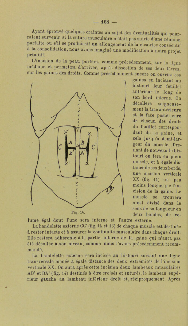 Ayant éprouvé quelques craintes au sujet des éventualités qui pour- raient survenir si la suture musculaire n’était pas suivie d’une réunion parfaite ou s il se produisait un allongement de la cicatrice consécutif à la consolidation, nous avons imaginé une modification à notre projet primitif. L’incision de la peau portera, comme précédemment, sur la ligne médiane et permettra d’arriver, après dissection de ses deux lèvres, sur les gaines des droits. Comme précédemment encore on ouvrira ces gaines en incisant au bistouri leur feuillet antérieur le long de son bord interne. On décollera soigneuse- ment la face antérieure et la face postérieure de chacun des droits du feuillet correspon- dant de sa gaine, et cela jusqu’à demi-lar- geur du muscle. Pre- nant de nouveau le bis- touri on fera en plein muscle, et à égale dis- tance de ces deux bords, une incision verticale XX (fig. 14) un peu moins longue que l’in- cision de la gaine. Le muscle se trouvera ainsi divisé dans le sens de sa longueur en deux bandes, de vo- lume égal dout l’une sera interne et l’autre externe. La bandelette externe CC’ (fig. 14 et 15) de chaque muscle est destinée à rester intacte et à assurer la continuité musculaire dans chaque droit. Elle restera adhérente à la partie interne de la gaine qui n’aura pas été décollée à son niveau, comme nous l’avons précédemment recom- mandé. La bandelette externe sera incisée au bistouri suivant une ligne transversale menée à égale distance des deux extrémités de l’incision verticale XX. On aura après cette incision deux lambeaux musculaires AB’ etBA’ (fig. 14) destinés à être croisés et suturés, le lambeau supé- rieur gauche au lambeau inférieur droit et réciproquement. Après