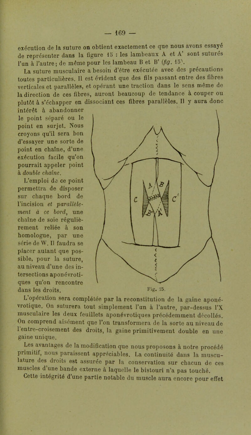 exécution de la suture on obtient exactement ce que nous avons essayé de représenter dans la figure 15 : les lambeaux A et A sont suturés l’un à l’autre; de même pour les lambeau B et B’ (fig. 15\ La suture musculaire a besoin d’être executée avec des précautions toutes particulières. Il est évident que des fils passant entre des fibres verticales et parallèles, et opérant une traction dans le sens même de la direction de ces fibres, auront beaucoup de tendance à couper ou plutôt à s’échapper en dissociant ces fibres parallèles. Il y aura donc intérêt à abandonner le point séparé ou le point en surjet. Nous croyons qu’il sera bon d’essayer une sorte de point en chaîne, d’une exécution facile qu’on pourrait appeler point à double chaîne. L’emploi de ce point permettra de disposer sur chaque bord de l’incision et parallèle- ment à ce bord, une chaîne de soie réguliè- rement reliée à son homologue, par une série de NV. Il faudra se placer autant que pos- sible, pour la suture, au niveau d’une des in- tersections aponévroti- ques qu’on rencontre dans les droits. FiK* 15. L opération sera complétée par la reconstitution de la gaine aponé- vrotique. On suturera tout simplement l’un à l’autre, par-dessus l’X musculaire les deux feuillets aponévrotiques précédemment décollés. On comprend aisément que l’on transformera de la sorte au niveau de 1 entre-croisement des droits, la gaine primitivement double en une gaine unique. Les avantages de la modification que nous proposons à notre procédé primitif, nous paraissent appréciables. La continuité dans la muscu- lature des droits est assurée par la conservation sur chacun de ces muscles d une bande externe à laquelle le bistouri n’a pas touché. Cette intégrité d’une partie notable du muscle aura encore pour effet