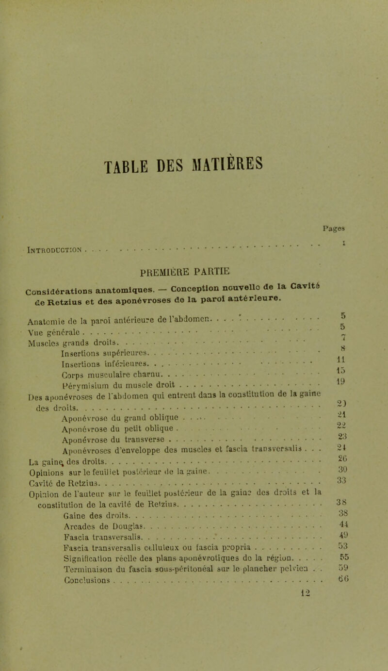 TABLE DES MATIÈRES Pages I Introduction PREMIERE PARTIE Considérations anatomiques. - Conception nouvelle de la Cavité de Retzius et des aponévroses do la paroi antérieure. Anatomie de la paroi antérieure de l'abdomen Vue générale Muscles grands droits • Insertions supérieures. . . Insertions inférieures. . Corps musculaire charnu. ... • - • Pérymisium du muscle droit Des aponévroses de l'abdomen qui entrent dans la constitution de la gaine des droits Aponévrose du grand oblique Aponévrose du petit oblique . Aponévrose du transverse Aponévroses d’enveloppe des muscles et fascia transversalis . . . La gainq des droits Opiuions sur le feuiliet postérieur de la gaine Cavité de Retzius Opinion de l’auteur sur le feuillet postérieur de la gaine des droits et la constitution de la cavité de Retzius Gaine des droits Arcades de Douglas Fascia transversalis * Fascia transversalis ctlluleux ou fascia propria Signification réelle des plans aponévrotiques do la région Terminaison du fascia sous-péritonéal sur le plancher pelvien . . Conclusions 12 5 5 7 S 11 15 19 2) 21 22 25 21 20 30 33 38 38 44 49 53 55 59 06