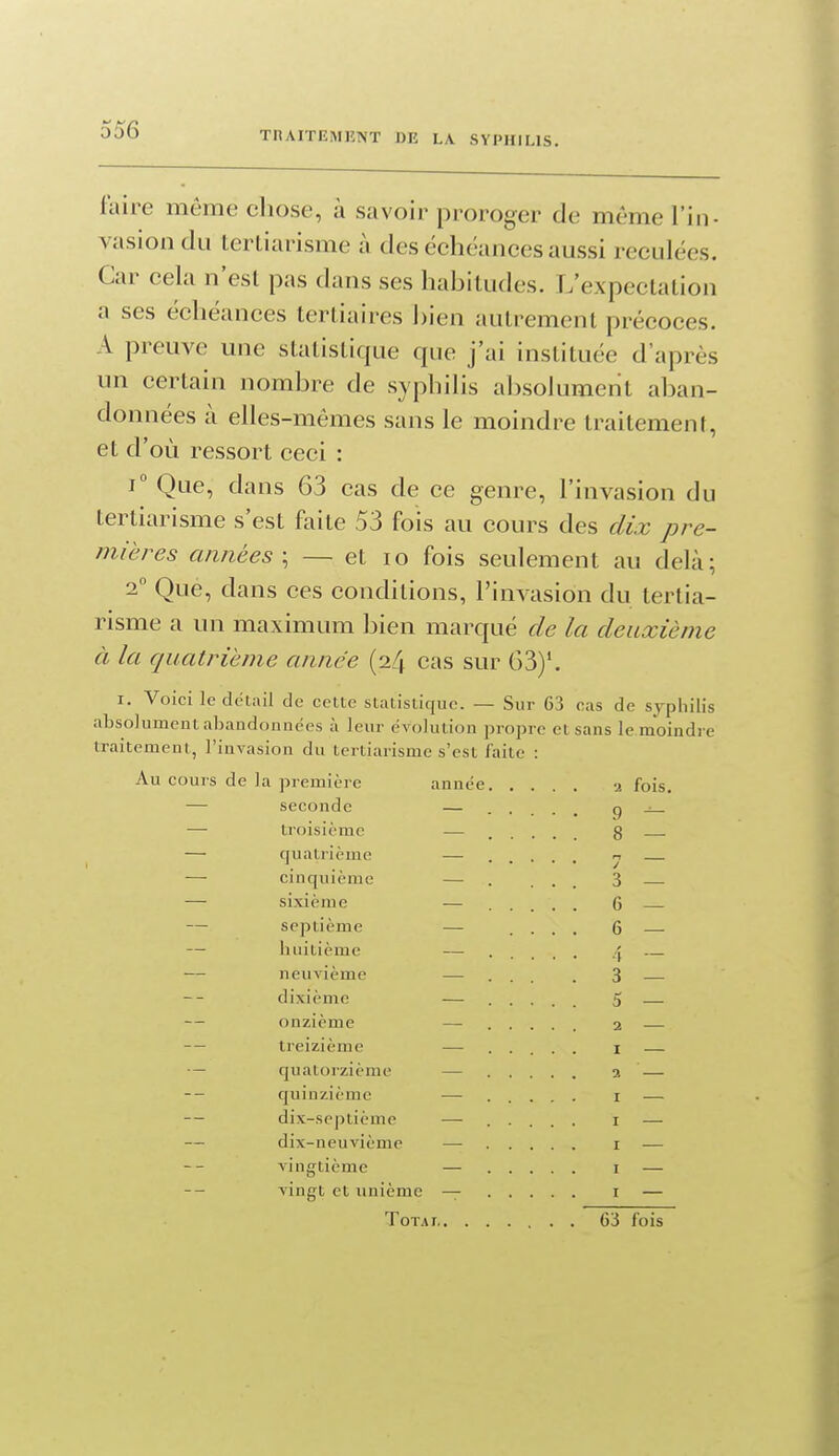 THAITEMKNT DE LA. SYPHILIS. (aire môme chose, à savoir proroger de même l'in- vasion du lerliarisme à des échéances aussi reculées. Car cela n'est pas dans ses habitudes. L'expectation a ses échéances tertiaires bien autrement précoces. A preuve une statistique que j'ai instituée d'après un certain nombre de syphilis absolument aban- données à elles-mêmes sans le moindre traitement, et d'où ressort ceci : 1° Que, dans 63 cas de ce genre, l'invasion du tertiarisme s'est faite 53 fois au cours des dix pre- mières années \ — et lo fois seulement au delà; 2° Que, dans ces conditions, l'invasion du tertia- risme a un maximum bien marqué de la deuxième à la quatrième année (24 cas sur 63)'. I. Voici ledétiui de cette statistique. — Sur 63 cas de sj^pliilis absolument abaudonnées à leur évolution propre el sans le moindre traitement, l'invasion du tertiarisme s'est faite : Au cours de la première année a fois. — seconde — 9 — — troisième — g — quatrième — y — cinquième — . ... 3 — sixième — 6 — septième — .... 6 — — huitième —• j — — neuvième — ... . 3 — dixième — ..... 5 — — onzième — 2 — -— treizième —- i — — quatorzième — a — -- quinzième — i — -- di.v-septième — ..... i — — dix-neuvième — i — vingtième — i — -- vingt et unième — i — ToTAi 63 fois