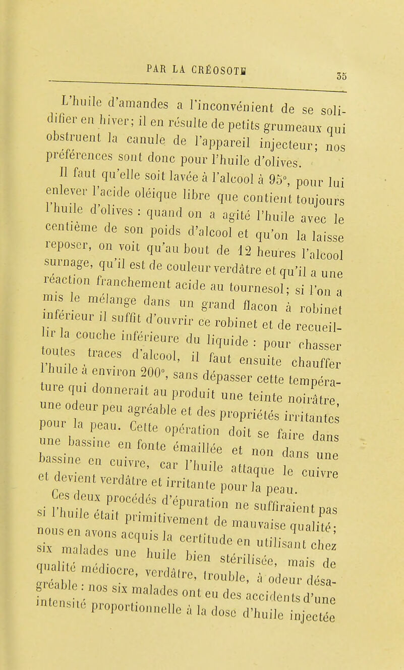 L'huile d'amandes a l'inconvénient de se soli cl'fier en hiver; il en résulte de petits grumeaux qui obstruent la canule de l'appareil injecteur; nos préférences sont donc pour l'huile d'olives. Il faut qu'elle soit lavée à l'alcool à 95», pour lui enlever l'acide oléique libre que contient toujours 1 huile d olives : quand on a agité l'huile avec le centième de son poids d'alcool et qu'on la laisse reposer, on voit qu'au bout de 12 heures l'alcool surnage, qu'il est de couleur verdâtre et qu'il a une réaction franchement acide au tournesol; si l'on a mis le mélange dans un grand flacon à robine inférieur i suffit d'ouvrir ce robinet et de recueil H la couche inférieure du liquide : pour chasser toutes traces d'alcool, il fa.t ensuite c X iHule a environ 200», sans dépasser cette temp a ure qui donnerait au produit une teinte noiiâ une odeur peu agréable et des propriétés irriC^ rn:^lr ;'rr^''^ ^oLefalre t: une bassine en fonte émaiUée et non dans une bassine en cuivre, car l'huile attaque 1 eu eUlevient verdâtre et irritante pour l! peau. Ue médiocre, verdâtre, Irouble, Todeur désa g-abic . nos six malades ont eu des ccide u d W ■ntons„é proportionnelle la dose d'hni, i'jec