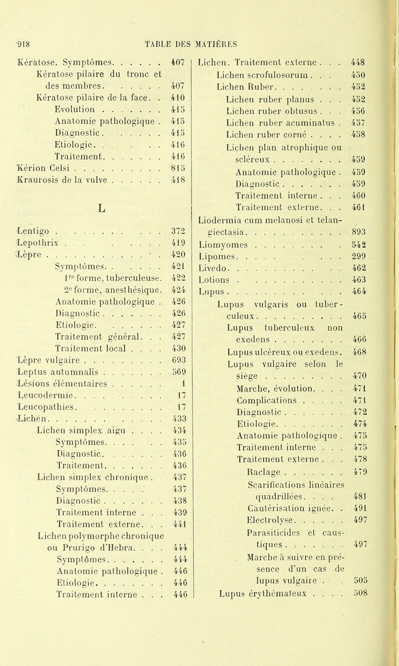 Kératose. Symptômes Kératose pilaire du tronc et des membres Kératose pilaire de la face. . Evolution Anatomie pathologique . Diagnostic Etiologie Traitement Ivérion Celsi Kraurosis de la vulve L Lentigo Lepothrix . . . iLèpre ■ . Symptômes lre forme, tuberculeuse. 2eforme, anesthésique. Anatomie pathologique . Diagnostic Etiologie Traitement général. . . Traitement local .... Lèpre vulgaire Leptus autumnalis Lésions élémentaires Leucodermie. Leucopathies ^Lichen Lichen simplex aigu .... Symptômes Diagnostic Traitement Lichen simplex chronique . Symptômes Diagnostic Traitement interne . . . Traitement externe. . . Lichen polymorphe chronique ou Prurigo d’Hebra. . . . Symptômes Anatomie pathologique . Etiologie Traitement interne . . . Lichen. Traitement externe . . . 448 Lichen scrofulosorurn . . . 450 Lichen Ruber. ....... 452 Lichen ruber planus . . . 452 Lichen ruber obtusus . . . 456 Lichen ruber acuminatus . 457 Lichen ruber corné .... 458 Lichen plan atrophique ou scléreux 459 Anatomie pathologique . 459 Diagnostic 459 Traitement interne . . . 460 Traitement externe. . . 461 Liodermia cum melanosi et telan- giectasia 893 Liomyomes 542 Lipomes 299 Livedo 462 Lotions 463 Lupus 464 Lupus vulgaris ou tuber- culeux 465 Lupus tuberculeux non exedens 466 Lupus ulcéreux ou exedens. 468 Lupus vulgaire selon le siège 470 Marche, évolution. . . . 471 Complications 471 Diagnostic 472 Etiologie 474 Anatomie pathologique . 475 Traitement interne . . . 475 Traitement externe . . . 478 Raclage 479 Scarifications linéaires quadrillées. ... 481 Cautérisation ignée. . 491 Electrolyse 497 Parasilicides et caus- tiques 497 Marche à suivre en pré- sence d’un cas de lupus vulgaire . 505 Lupus érythémateux .... 508 407 407 410 415 415 415 416 416 815 418 372 419 420 421 422 424 426 426 427 427 430 693 569 1 17 17 433 434 435 436 436 437 437 438 439 441 444 444 446 446 446