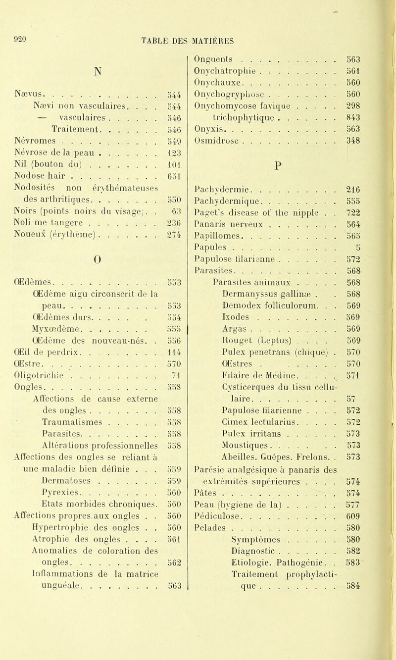 N Nævus 544 Nævi non vasculaires. . . . 544 — vasculaires 546 Traitement 546 Névromes 549 Névrose de la peau 123 Nil (bouton du) 101 Nodose hair 651 Nodosités non érythémateuses des arthritiques 550 Noirs (points noirs du visage;. . 63 Noli me tangere 236 Noueux (érythème) 274 O Œdèmes 553 Œdème aigu circonscrit de la peau 553 Œdèmes durs . 554 Myxœdème 555 Œdème des nouveau-nés. . 556 Œil de perdrix 114 Œstre 570 Oli gotrichie 71 Ongles 558 Affections de cause externe des ongles 558 Traumatismes 558 Parasites 558 Altérations professionnelles 558 Affections des ongles se reliant à une maladie bien définie . . . 559 Dermatoses 559 Pyrexies 560 Etats morbides chroniques. 560 Affections propres aux ongles . . 560 Hypertrophie des ongles . . 560 Atrophie des ongles .... 561 Anomalies de coloration des ongles 562 Inflammations de la matrice unguéale 563 Onguents 563 Onychatropliie 561 Onychauxe 560 Onychogrypliosc 560 Onychomycose favique 298 trichophytique 843 Onyxis 563 Osmidrose 348 P Pachydermie 216 Pachydermique 555 Paget’s disease of the nipple . . 722 Panaris nerveux 564 Papillomes 565 Papules 5 Papulose lilarienne 572 Parasites 568 Parasites animaux 568 Dermanyssus gallinæ . . 568 Demodex folliculorum. . . 569 Ixodes 569 Argas 569 Rouget (Leptus) .... 569 Pulex penetrans (chique) . 570 Œstres . 570 Pilaire de Médine 571 Cysticerques du tissu cellu- laire 57 Papulose lilarienne .... 572 Cimex lectularius 572 Pulex irritans 573 Moustiques 573 Abeilles. Guêpes. Frelons. . 573 Parésie analgésique à panaris des extrémités supérieures .... 574 Pâtes 574 Peau (hvgiene de la) 577 Pédiculose 609 Pelades 580 Symptômes 580 Diagnostic 582 Etiologie. Pathogénie. . 583 Traitement prophylacti- que 584