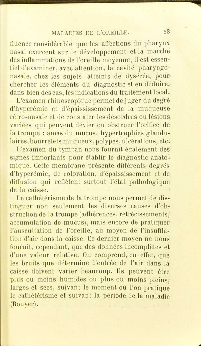 fluence considérable que les affections du pharynx nasal exercent sur le développement et la marche des inflammations de l'oreille moyenne, il est essen- tiel d'examiner, avec attention, la cavité pharyngo- nasale, chez les sujets atteints de dysécée, pour chercher les éléments du diagnostic et en déduire, dans bien des cas, les indications du traitement local. L'examen rhinoscopique permet de juger du degré d'hyperémie et d'épaississement de la muqueuse rélro-nasale et de constater les désordres ou lésions variées qui peuvent dévier ou obslruer l'orifice de là trompe : amas du mucus, hypertrophies glandu- laires, bourrelets muqueux, polypes, ulcérations, etc. L'examen du tympan nous fournit également des signes importants pour établir le diagnostic anato- mique. Cette membrane présente différents degrés d'hyperémie, de coloration, d'épaississement et de diffusion qui reflètent surtout l'état pathologique de la caisse. Le cathétérisme de la trompe nous permet de dis- tinguer non seulement les diverses causes d'ob- struction de la trompe (adhérences, rétrécissements, accumulation de mucus), mais encore de pratiquer l'auscultation de l'oreille, au moyen de l'insuffla- tion d'air dans la caisse. Ce dernier moyen ne nous fournit, cependant, que des données incomplètes et d'une valeur relative. On comprend, en effet, que les bruits que détermine l'entrée de l'air dans la caisse doivent varier beaucoup. Ils peuvent être plus ou moins humides ou plus ou moins pleins, larges et secs, suivant le moment où l'on pratique Je cathétérisme et suivant la période de la maladie .(Bouyer).