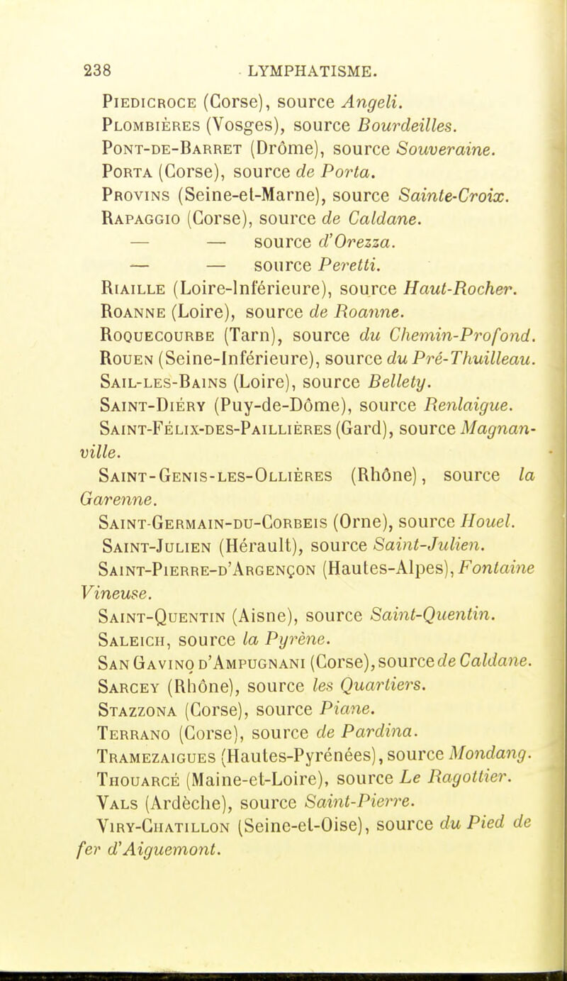 Piedicroce (Corse), source Angeli. Plombières (Vosges), source Bourdeilles. Pont-de-Barret (Drôme), source Souveraine. Porta (Corse), source de Porta. Provins (Seine-et-Marne), source Sainte-Croix. Rapaggio (Corse), source de Caldane. — — source d'Orezza. — — source Peretti. Riaille (Loire-Inférieure), source Haut-Rocher. Roanne (Loire), source de Roanne. Roquecourbe (Tarn), source du Chemin-Profond. Rouen (Seine-Inférieure), source du Pré-Thuilleau. Sail-les-Bains (Loire), source Bellety. Saint-Diéry (Puy-de-Dôme), source Renlaigue. Saint-Félix-des-Paillières (Gard), source Magnan- ville. Saint-Genis-les-Ollières (Rhône), source la Garenne. Saint-Germain-du-Corbeis (Orne), source Houel. Saint-Julien (Hérault), source Saint-Julien. Saint-Pierre-d'Argençon (Hautes-Alpes), Fontaine Vineuse. Saint-Quentin (Aisne), source Saint-Quentin. Saleich, source la Pyrène. SanGavino d'Ampugnani (Corse), source de Caldane. Sarcey (Rhône), source les Quartiers. Stazzona (Corse), source Piane. Terrano (Corse), source de Pardina. Tramezaigues (Hautes-Pyrénées),source Mondang. Thouarcé (Maine-et-Loire), source Le Ragottier. Vals (Ardèche), source Saint-Pierre. Viry-Ciiatillon (Seine-el-Oise), source du Pied de fer d'Aiguemont.