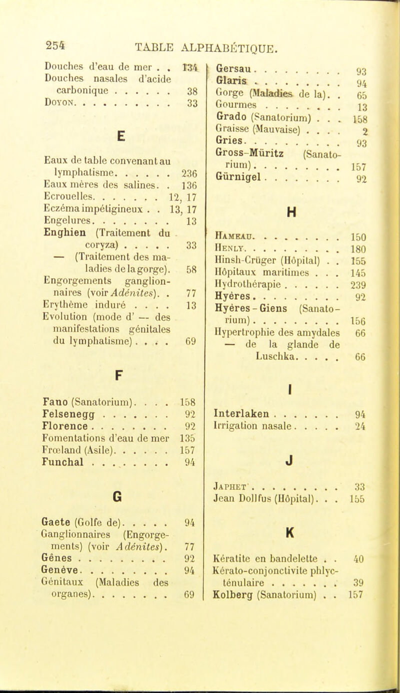 Douches d'eau de mer . , 134 Douches nasales d'acide carbonique 38 Doyon 33 E Eaux de table convenant au lymphatisme 236 Eaux mères des salines. . 136 Ecrouelles 12, 17 Eczéma impéligineux . . 13, 17 Engelures 13 Enghien (Traitement du coryza) 33 — (Traitement des ma- ladies de la gorge). 58 Engorgements ganglion- naires (voirAdénites). . 77 Erythème induré .... 13 Evolution (mode d' — des manifestations génitales du lymphatisme).... 69 F Fano (Sanatorium).... 158 Felsenegg 92 Florence 92 Fomentations d'eau de mer 135 Frœland (Asile) 157 Funchal 94 G Gaete (Golfe de) 94 Ganglionnaires (Engorge- ments) (voir Adénites). 77 Gênes 92 Genève 94 Génitaux (Maladies des organes) 69 Gersau 93 Glaris 94 Gorge (Maladies de la). . 65 Gourmes 13 Grado (Sanatorium) ... 158 Graisse (Mauvaise) .... 2 Gries 93 Gross-Mùritz (Sanato- rium) 157 Gùrnigel 92 H Hameau 150 Henly 180 Hinsh-Criiger (Hôpital) . . 155 Hôpitaux maritimes . . . 145 Hydrothérapie 239 Hyéres 92 Hyéres-Giens (Sanato- rium) 156 Hypertrophie des amydales 66 — de la glande de Luschka 66 I Interlaken 94 Irrigation nasale 24 J Japhet 33 Jean Dollfus (Hôpital). . . 155 K Kératite en bandelette . . 40 Kérato-conjonctivite phlyc- ténulaire 39 Kolberg (Sanatorium) . . 157