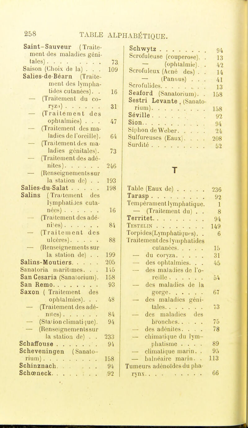 Saint-Sauveur (Traite- ment des maladies géni- tales) .... .... Saison (Choix de la) . . . Salies-de-Béarn (Traite- ment des lympha- lides cutanées). . — (Traitement du co- ryzîi.) — (Traitement des ophtalmies) . . . — (Traitement des ma- ladies de l'oreille). — (Traitementdes ma- ladies génitales). — (Traitement des adé- nites) — (Renseignements sur la station de) . . Salies-du-Salat Salins (Traitement des lymphatiJes cuta- nées) (Traitement des adé- ni'es) — (Traitement des ulcères) — (Renseignements sur la station de) . . Salins-Moutiers Sanatoria maritimes. . . SanCesaria (Sanaiorium). San Remo Saxon ( Traitement des ophtalmies). . . — (Traitement des adé- nites) — (Slaiion climatique). — (Renseignementssur la station de) . . Schaffouse Scheveningen (Sanato- rium) Schinznach Schœneck . . 73 109 16 31 47 64 73 246 193 198 16 199 205 Ub 158 93 48 84 94 233 9i 158 94 '.12 Schwytz 94 Scrofuleuse (couperose). . 13 — (ophtalmie). . 42 Scrofuleux (Acné des) . . 14 — (Panuus) ... 41 Scrofulides 13 Seaford (Sanatorium). . 158 Sestri Levante. (Sanato- rium) 108 Séville . 92 Sion 94 Siphon de Weber. .... 24 Sulfureuses (Eaux). . . . 208 Surdité 52 Table (Eaux de) Tarasp Tempérament lymphatique. — (Traitement du) . . Territet Testelin Torpicles(Lymphatiqms). . Traitement des lymphatides cutanées — du coryza — des ophtalmies. . . — des malaJiesde l*o- reille — des maladies de la gorge — des maladies géni- tales — des maladies des bronches — des adénites. . . . — chimatique du lym- phatisme .... — climatique marin. . — balnéaire marin. . Tumeurs adénoïdes du pha- rynx 236 92 1 8 94 149 6 15 31 45 67 73 75 78 89 9.Ï 113 66