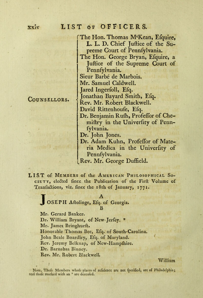 iscxiv LIST of OFFICERS. Counsellors. 'The Hon. Thomas M‘Kean, Efquire, L. L. D. Chief Juftice of the Su- preme Court of Pennfylvania. The Hon. George Bryan, Efquire, a Juftice of the Supreme Court of Pennfylvania. Sieur Barbe de Marbois. Mr. Samuel Caldwell. Jared Ingerfoll, Efq. Jonathan Bayard Smith, Efq. Rev. Mr. Robert Blackwell. David Rittenhoufe, Efq. Dr. Benjamin Ruflh, Profeflor of Che- miftry in the Univerfity of Penn- fylvania. Dr. John Jones. Dr. Adam Kuhn, Profeflor of Mate- ria Medica in the Univerfity of Pennfylvania. Rev. Mr. George Duffield. LIST of Members of the American Philosophical So- ciety, elected fince the Publication of the Firft Volume of Tranfa&ions, viz. fince the 18th of January, 1771. T .A J OSEPH Aftolinge, Efq. of Georgia. B Mr. Gerard Banker. Dr. William Bryant, of New Jerfey. * Mr. James Bringhurft. Honorable Thomas Bee, Efq. of South-Carolina. John Beale Boardley, Efq. of Maryland. Rev. Jeremy Belknap, of New-Hampfhire. Dr. Barnabas Binney. Rev. Mr. Robert Blackwell. William I Note, Thofe Members whofe places of refidence are not fpecified, are of Philadelphia; and thofe marked with an * are deceafed.