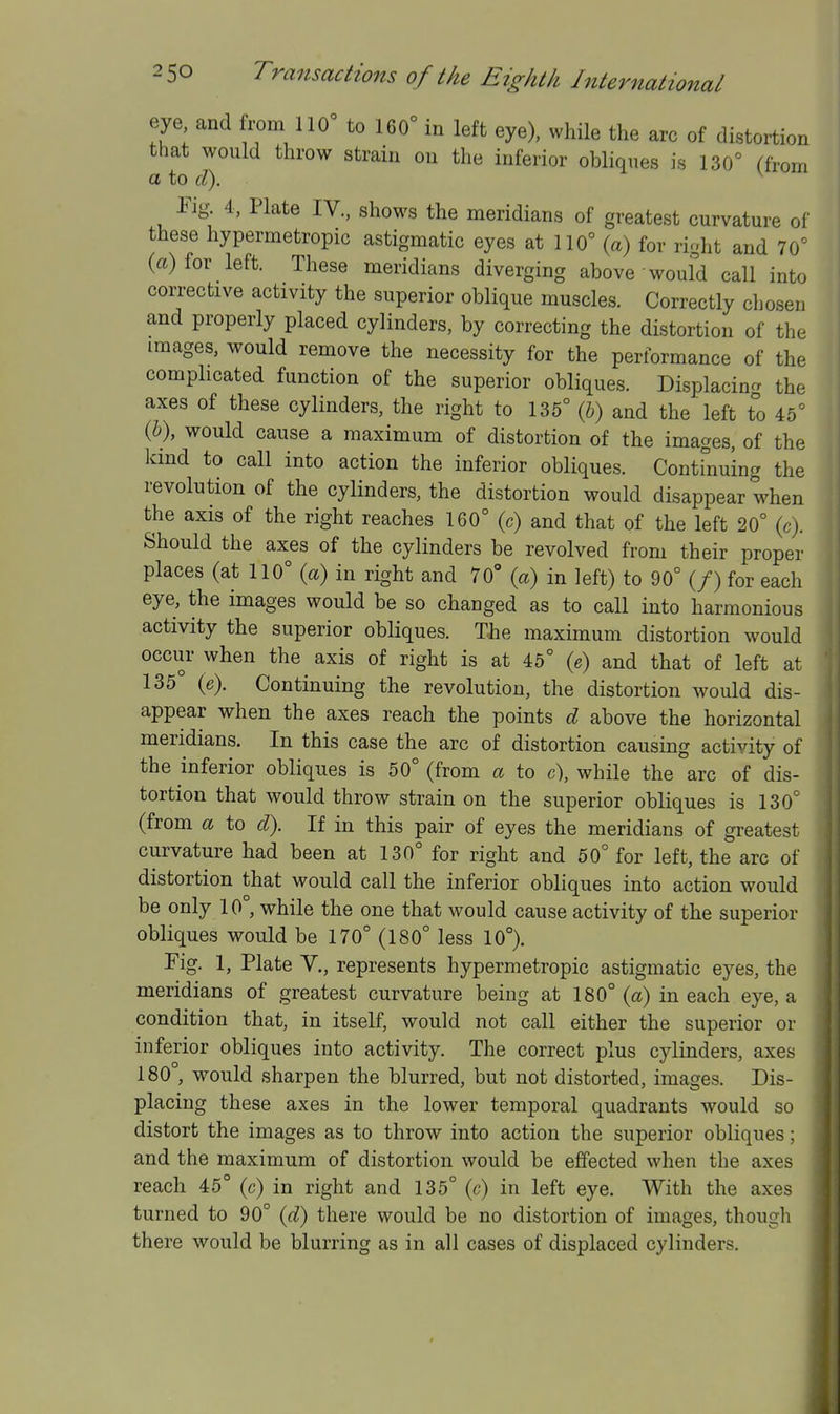 eye and from 110° to 160° in left eye), while the arc of distortion that would throw strain on the inferior obliques is 130° (from a to d). ^ Fig. 4, Plate IV, shows the meridians of greatest curvature of these hypermetropic astigmatic eyes at 110° (a) for rioht and 70° (a) for left. These meridians diverging above would call into corrective activity the superior oblique muscles. Correctly chosen and properly placed cylinders, by correcting the distortion of the images, would remove the necessity for the performance of the complicated function of the superior obliques. Displacin^r the axes of these cylinders, the right to 135° (6) and the left t°o 45° (&), would cause a maximum of distortion of the images, of the kind to call into action the inferior obliques. Conthiuing the revolution of the cylinders, the distortion would disappear when the axis of the right reaches 160° (c) and that of the left 20° (c). Should the axes of the cylinders be revolved from their proper places (at 110° (a) in right and 70' (a) in left) to 90° (/) for each eye, the images would be so changed as to call into harmonious activity the superior obliques. The maximum distortion would occur when the axis of right is at 45° (e) and that of left at 135° (e). Continuing the revolution, the distortion would dis- appear when the axes reach the points d above the horizontal meridians. In this case the arc of distortion causing activity of the inferior obliques is 50° (from a to c\ while the arc of dis- tortion that would throw strain on the superior obliques is 130° (from a to d). If in this pair of eyes the meridians of greatest curvature had been at 130° for right and 50° for left, the arc of distortion that would call the inferior obliques into action would be only 10°, while the one that would cause activity of the superior obliques would be 170° (180° less 10°). Fig. 1, Plate V., represents hypermetropic astigmatic eyes, the meridians of greatest curvature being at 180° {a) in each eye, a condition that, in itself, would not call either the superior or inferior obliques into activity. The correct plus cylinders, axes 180 , would sharpen the blurred, but not distorted, images. Dis- placing these axes in the lower temporal quadrants would so distort the images as to throw into action the superior obliques; and the maximum of distortion would be effected when the axes reach 45° (c) in right and 135° (c) in left eye. With the axes turned to 90° {d) there would be no distortion of images, though there would be blurring as in all cases of displaced cylinders.