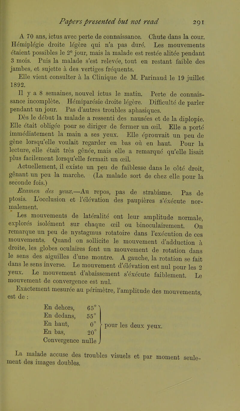 A 70 ans, ictus avec perte de connaissance. Chute dans la cour. Hemipldgie droite leg^re qui n'a pas durd. Les mouvements etaient possibles le 2® jour, inais la malade est restde alitee pendant 3 mois. Puis la malade s'est relevee, tout en restant faible des jambes, et sujette a des vertiges frequents. Elle vient consulter a la Clinique de M. Parinaud le 19 juillet 1892. II y a 8 semaiues, nouvel ictus le matin. Perte de connais- sance incomplete. Hemiparesie droite legere. Difficulty de parler pendant un jour. Pas d'autres troubles aphasiques. D^s le debut la malade a ressenti des nausees et de la diplopie. Elle etait obligee pour se diriger de fermer un ceil. Elle a porte immediatement la main a ses yeux. Elle eprouvait un peu de gene lorsqu'elle voulait regarder en bas 011 en haut. Pour la lecture, elle etait tres genee, mais elle a remarque qu'elle lisait plus facilement lorsqu'elle fermait un ceil. Actuellement, il existe un peu de faiblesse dans le cote droit, genant un peu la marche. (La malade sort de chez elle pour la seconde fois.) Examen des yeux.—An repos, pas de strabisme. Pas de ptosis. L'occlusion et I'elevation des paupieres s'execute nor- malement. Les mouvements de lateralite ont leur amplitude normale, explores isolement sur chaque ceil ou binoculairement. On remarque un peu de nystagmus rotatoire dans I'execution de ces mouvements. Quand on soUicite le mouvement d'adduction a droite, les globes oculaires font un mouvement de rotation dans le sens des aiguilles d'une montre. A gauche, la rotation se fait dans le sens inverse. Le mouvement d'elevation est nul pour les 2 yeux. Le mouvement d'abaissement s'execute faiblement. Le mouvement de convergence est nul, Exactement mesuree au perim^tre, I'amplitude des mouvements est de : ' ^ pour les deux yeux. La malade accuse des troubles visuels et par moment seule- ment des images doubles. En dehors. 65° ^ En dedans. 55° En haut, 0° ^ En bas. 20° Convergence nuUe,
