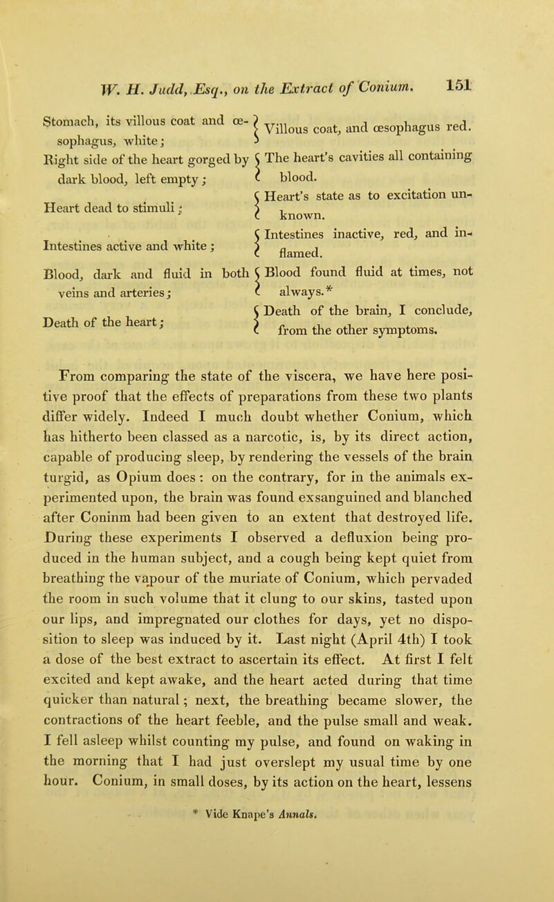 Stomach, its villous coat and oe- sophagus, white; Right side of the heart gorged by dark blood, left empty ; Heart dead to stimuli; Intestines active and white; Blood, dai'k and fluid in both veins and arteries; Death of the heart; Villous coat, and oesophagus red. The heart’s cavities all containing blood. Heart’s state as to excitation un- known. Intestines inactive, red, and in- flamed. Blood found fluid at times, not always.* Death of the brain, I conclude, from the other symptoms. From comparing the state of the viscera, we have here posi- tive proof that the effects of preparations from these two plants differ widely. Indeed I much doubt whether Conium, which has hitherto been classed as a narcotic, is, by its direct action, capable of producing sleep, by rendering the vessels of the brain turgid, as Opium does: on the contrary, for in the animals ex- perimented upon, the brain was found exsanguined and blanched after Conium had been given to an extent that destroyed life. D uring these experiments I observed a defluxion being pro- duced in the human subject, and a cough being kept quiet from breathing the vapour of the muriate of Conium, which pervaded the room in such volume that it clung to our skins, tasted upon our lips, and impregnated our clothes for days, yet no dispo- sition to sleep was induced by it. Last night (April 4th) I took a dose of the best extract to ascertain its effect. At first I felt excited and kept awake, and the heart acted during that time quicker than natural; next, the breathing became slower, the contractions of the heart feeble, and the pulse small and weak. I fell asleep whilst counting my pulse, and found on waking in the morning that I had just overslept my usual time by one hour. Conium, in small doses, by its action on the heart, lessens * Vide Knape’s Annals.