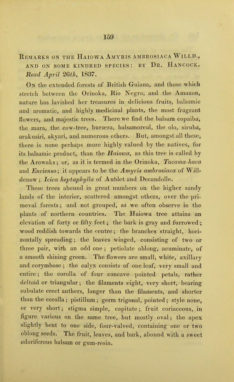 Remarks on the Haiowa Amyris ambrosiaca Willd., AND ON SOME KINDRED SPECIES: BY Dr. HaNCOCK. Read April 2Qth, 1837. On tbe extended forests of British Guiana, and those which stretch between the Orinoka, Rio Negro, and the Amazon, nature has lavished her treasures in delicious fruits, balsamic and aromatic, and highly medicinal plants, the most fragrant flowers, and majestic trees. There we find the balsam copaiba, the mara, the cow-tree, bursera, balsamoreal, the olo, siruba, arakusiri, akyari, and numerous others. But, amongst all these, there is none perhaps more highly valued by the natives, for its balsamic product, than the Haioiva, as this tree is called by the Arowaks ; or, as it is termed in the Orinoka, Tacama-haca and Encienso ; it appears to be the Amyris ambrosiaca of Will- denow ; Idea JieptapJiylla of Aublet and Decandolle. These trees abound in great numbers on the higher sandy lands of the interior, scattered amongst others, over the pri- meval forests; and not grouped, as we often observe in the plants of northern countries. The Haiowa tree attains an elevation of forty or fifty feet; the bark is gray and furrowed ; wood reddish towards the centre; the branches straight, hori- zontally spreading; the leaves winged, consisting of two or three pair, with an odd one ; petiolate oblong, acuminate, of a smooth shining green. The flowers are small, white, axillary and corymbose ; the calyx consists of one leaf, very small and entire; the corolla of four concave pointed petals, rather deltoid or triangular; the filaments eight, very short, bearing subulate erect anthers, longer than the filaments, and shorter than the corolla; pistillum; germ trigonal, pointed; style none, or very short; stigma simple, capitate; fruit coriaceous, in figure various on the same tree, but mostly oval; the apex slightly bent to one side, four-valved, containing one or two oblong seeds. The fruit, leaves, and bark, abound with a sweet odoriferous balsam or gum-resin.