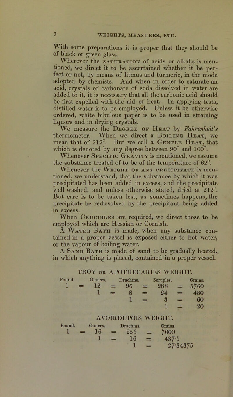 WEIGHTS, MEASURES, ETC. With some preparations it is proper that they should be of black or green glass. Wherever the saturation of acids or alkalis is men- tioned, we direct it to be ascertained whether it be per- fect or not, by means of litmus and turmeric, in the mode adopted by chemists. And when in order to saturate an acid, crystals of carbonate of soda dissolved in water are added to it, it is necessary that all the carbonic acid should be fii'st expelled with the aid of heat. In applying tests, distilled water is to be employed. Unless it be otherwise ordered, white bibulous paper is to be used in straining liquors and in drying crystals. We measure the Degree op Heat by Fahrenheit’s thermometer. When we direct a Boiling Heat, we mean that of 212°. But we call a Gentle Heat, that which is denoted by any degree between 90° and 100°. Whenever Specific Gravity is mentioned, we assume the substance treated of to be of the temperature of 62°. Whenever the Weight of any precipitate is men- tioned, we understand, that the substance by which it was precipitated has been added in excess, and the precipitate well washed, and unless otherwise stated, dried at 212°. But care is to be taken lest, as sometimes happens, the precipitate be redissolved by the precipitant being added in excess. When Crucibles are required, we direct those to be employed which are Hessian or Cornish. A Water Bath is made, when any substance con- tained in a proper vessel is exposed either to hot water, or the vapour of boiling w'ater. A Sand Bath is made of sand to be gradually heated, in which anything is placed, contained in a proper vessel. TROY OR APOTHECARIES WEIGHT. Pound. Ounces. Drachms. Scruples. Grains. 1 = 12 = 96 = 288 = 5760 1 = 8 = 24 = 480 1 = 3 = 60 1 = 20 AVOIRDUPOIS WEIGHT. Pound. Ounces. Drachms. Grains. 1 = 16 = 256 = 7000 1 = 16 = 437-5 1 = 27-34375