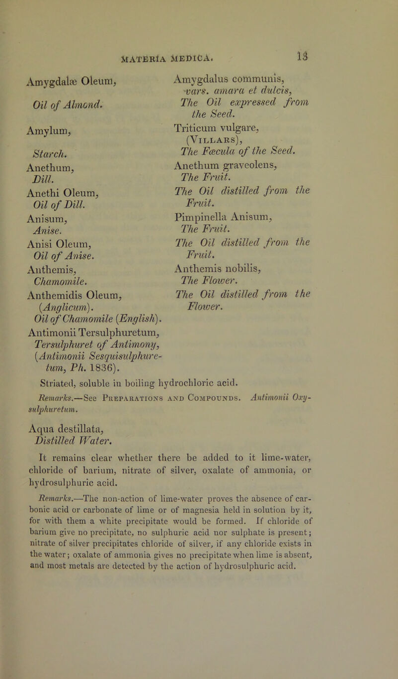 Amygdalae Oleum, Oil of Almond. Amylum, Starch. Anethum, DHL Anethi Oleum, Oil of Dill. Anisum, Anise. Anisi Oleum, Oil of Anise. Antliemis, Chamomile. Anthemidis Oleum, {Anfflicum). Oil of Chamomile [English). Antimonii Tersulphuretum, Tersulphuret of Antimony, [Antimonii Sesquisulpliure- tum, Ph. 1836). Amygdalus communis, ■va7's. amara et dulcis, The Oil expressed from the Seed. Triticum vulgare, (VlLLARS), The Fcecula of the Seed. Anethum graveolens. The Fruit. The Oil distilled froni the Fmit. Pimpinella Anisum, The Fmit. The Oil distilled ft'om the Fruit. Anthemis nobilis, The Flower. The Oil distilled from the Flower. Striated, soluble in boiling hydrochloric acid. Remarks.—See Preparations and Compounds. Antimonii Oxy snlphuretum. Aqua destillata. Distilled Water. It remains clear whether there be added to it lime-water, chloride of barium, nitrate of silver, oxalate of ammonia, or hydrosulphuric acid. Remarks.—The non-action of lime-water proves the absence of car- bonic acid or carbonate of lime or of magnesia held in solution by it, for w'ith them a white precipitate would be formed. If chloride of barium give no precipitate, no sulphuric acid nor sulphate is present; nitrate of silver precipitates chloride of silver, if any chloride exists in the water; oxalate of ammonia gives no precipitate when lime is absent, and most metals are detected by the action of hydrosulphuric add.