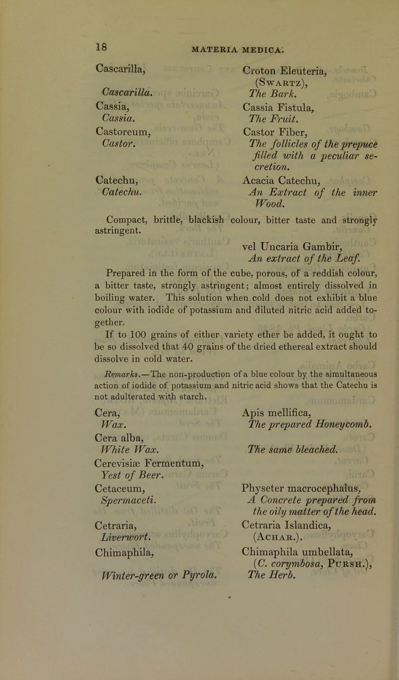 Cascarilla, Cascarilla. Cassia, Cassia. Castoreum, Castor. Catechu, Catechu. Croton Eleuteria, (Swartz), The Bark. Cassia Fistula, The Fruit. Castor Fiber, The follicles of the prepuce filled with a peculiar se- cretion. Acacia Catechu, An Extract of the inner Wood. Compact, brittle, blackish colour, bitter taste and strongly astringent. vel Uncaria Gambir, An extract of the Leaf. Prepared in the form of the cube, porous, of a reddish colour, a bitter taste, strongly astringent; almost entirely dissolved in boiling water. This solution when cold does not exhibit a blue colour with iodide of potassium and diluted nitric acid added to- gether. If to 100 grains of either variety ether be added, it ought to be so dissolved that 40 grains of the dried ethereal extract should dissolve in cold water. Remarks.—The non-production of a blue colour by the simultaneous action of iodide of potassium and nitric acid shows that the Catechu is not adulterated with starch. Cera, Wax. Cera alba. White Wax. Cerevisise Fermentum, Yest of Beer. Cetaceum, Spermaceti. Cetraria, Liverwort. Chimaphila, Winter-green or Pyrola. Apis mellifica. The prepared Honeycomb. The same bleached. Physeter macrocephalus, A Concrete prepared from the oily matter of the head. Cetraria Islandica, (Achar.). Chimaphila urabellata, (C. corymbosa, Pursh.), The Herb.