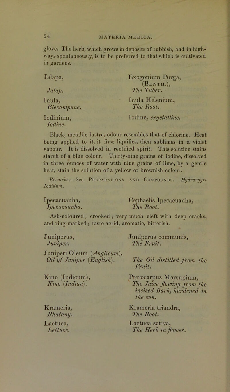 glove. The herb, which grows in deposits of rubbish, and in high- ways spontaneously, is to be preferred to that which is cultivated in gardens. ) Jalap. Inula, Elecampane. lodinium. Iodine. Black, metallic lustre, odour resembles that of chlorine. Heat being applied to it, it first liquifies, then sublimes in a violet vapour. It is dissolved in rectified spirit. This solution stains starch of a blue colour. Thirty-nine grains of iodine, dissolved in three ounees of water with nine grains of lime, by a gentle heat, stain the solution of a j^ellow or brownish colour. Remarlcs.—See Prepar.vtions and Compounds. Hydrargyri lodiditm. E.vogonlum Purga, (Bentii.), The Tuber. Inula Helenium, The Root. Iodine, crystalline. Ipecacuanha, Cephaelis Ipecacuanha, Ipecacuanha. The Root. Ash-coloured ; crooked ; very much cleft with deep cracks, and ring-marked ; taste acrid, aromatic, bitterish. Juniperus, Juniper. Juniperi Oleum [Anglicum), Oil of Juniper [English). Kino (Indicum), Kino [Indian). Krameria, Rhatany. Lactuca, Lettuce. Juniperus communis. The Fruit. The Oil distilled from the Fruit. Pterocarpus Marsupium, The Juice flowing from the incised Bark^ hardened in the sun. Krameria triandra. The Root. Lactuca sativa. The Herb in flower.