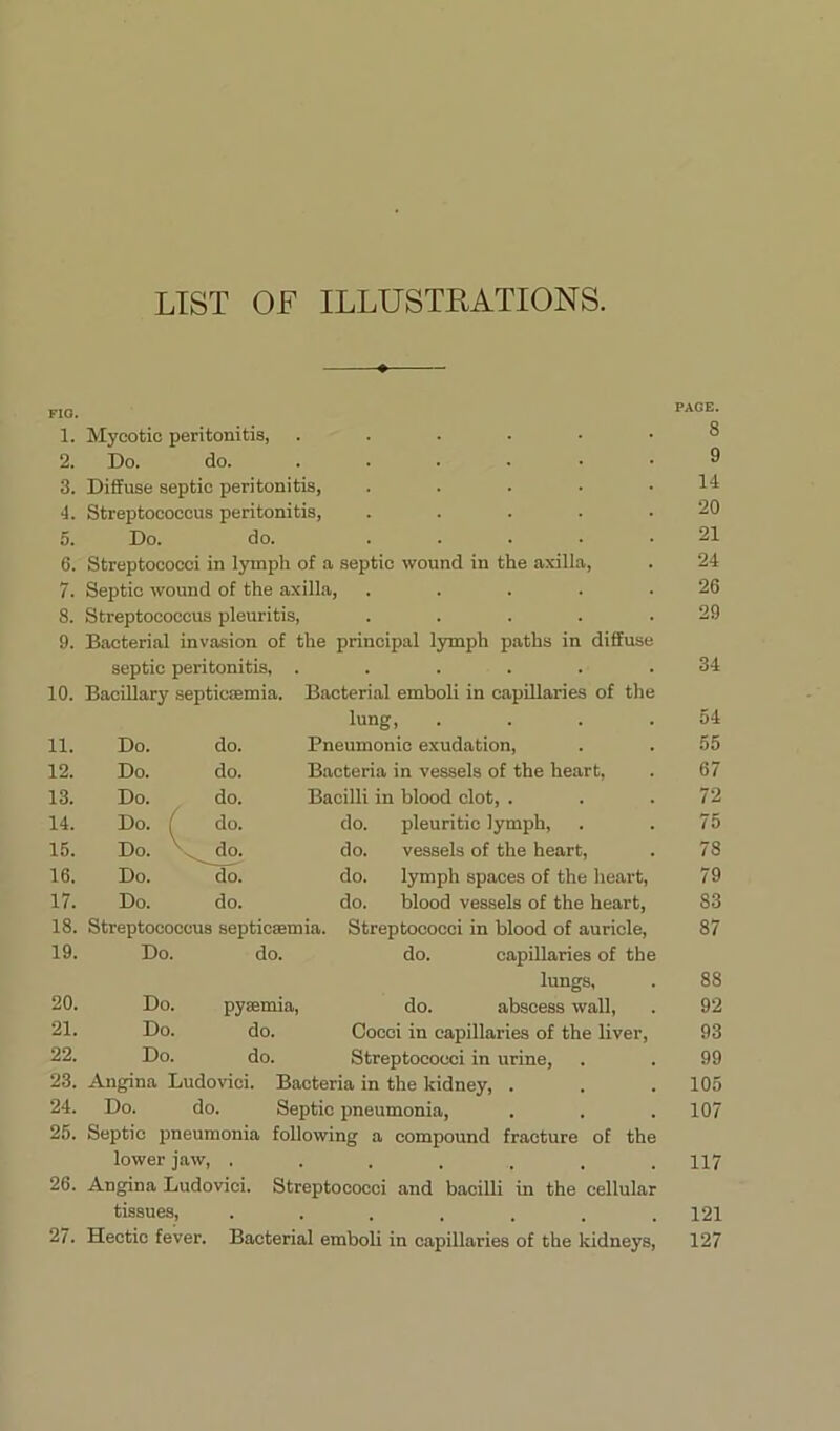 LIST OF ILLUSTRATIONS. FIO. 1. Mycotic peritonitis, ...... 2. Do. do. ...... 3. Diffuse septic peritonitis, ..... 4. Streptococcus peritonitis, ..... 5. Do. do. . . . . . 6. Streptococci in lymph of a septic wound in the axilla, 7. Septic wound of the axilla, ..... 8. Streptococcus pleuritis, . . . . . 9. Bacterial invasion of the principal lymph paths in diffuse septic peritonitis, ...... 10. Bacillary septicaemia. Bacterial emboli in capillaries of the lung, . . . . 11. Do. do. Pneumonic exudation, 12. Do. do. Bacteria in vessels of the heart, 13. Do. do. Bacilli in blood clot, . 14. Do. ( do. do. pleuritic lymph, 15. Do. do. do. vessels of the heart, 16. Do. do. do. lymph spaces of the heart, 17. Do. do. do. blood vessels of the heart, 18. Streptococcus septicaemia. Streptococci in blood of auricle, 19. Do. do. do. capillaries of the lungs, 20. Do. pyaemia, do. abscess wall, 21. Do. do. Cocci in capillaries of the liver, 22. Do. do. Streptococci in urine, 23. Angina Ludovici. Bacteria in the kidney, . 24. Do. do. Septic pneumonia, 25. Septic pneumonia following a compound fracture of the lower jaw, ....... 26. Angina Ludovici. Streptococci and bacilli in the cellular tissues, ....... 27. Hectic fever. Bacterial emboli in capillaries of the kidneys, PACE. 8 9 14 20 21 24 26 29 34 54 55 67 72 75 78 79 83 87 88 92 93 99 105 107 117 121 127