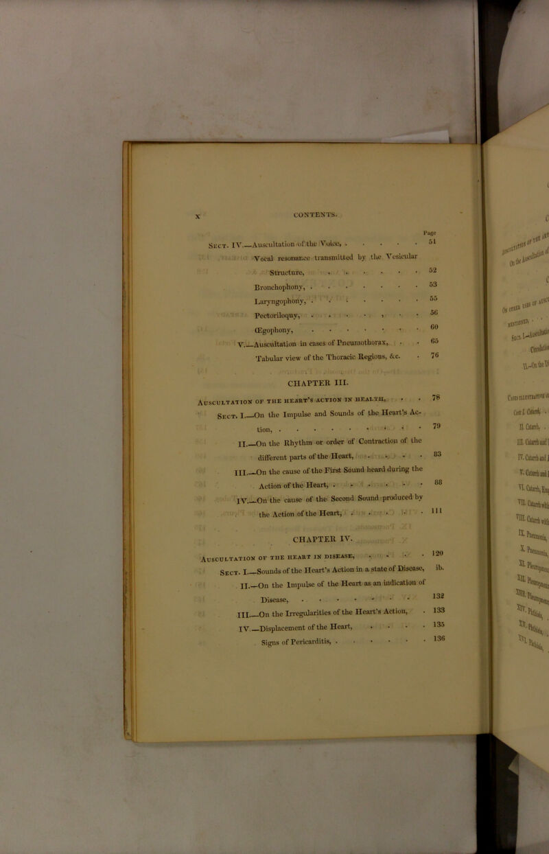Ss2CT. IV Auscultation of the Voice, Vocal resonance transmitted by the Vesicular Structure, . . Bronchophony, Laryngophony, ...••• Pectoriloquy, * (Egophony, V Auscultation in cases of Pneumothorax, Tabular view of the Thoracic Regions, &c. CHAPTER III. Auscultation of the heart’s action in health. Sect. I. .On the Impulse and Sounds of the Heart’s Ac- tion, ‘ ' II On the Rhythm or order of! Contraction of the different parts of the Heart, k., Ill ■ Qn the cause of the First Sound heard during the Action of the Heart, ...tj f 'Ml. IV.—On the cause of the Second Sound -produced by > ‘ > i the Action of the Heartj. . .rx/ . rr . i. i;. -'HMi ’’ CHAPTER IV. Auscultation of the heart in disease, Sect. I Sounds of the Heart’s Action in a state of Disease, II.—On the Impulse of the Heart as an indication of Disease, . III_ Qn the Irregularities of the Heart s Action, IV Displacement of the Heai't, .... Signs of Pericarditis, Page 51 a* 52 53 55 5C CO C5 76 78 79 83 88 111 120 ib. 132 133 135 . 136