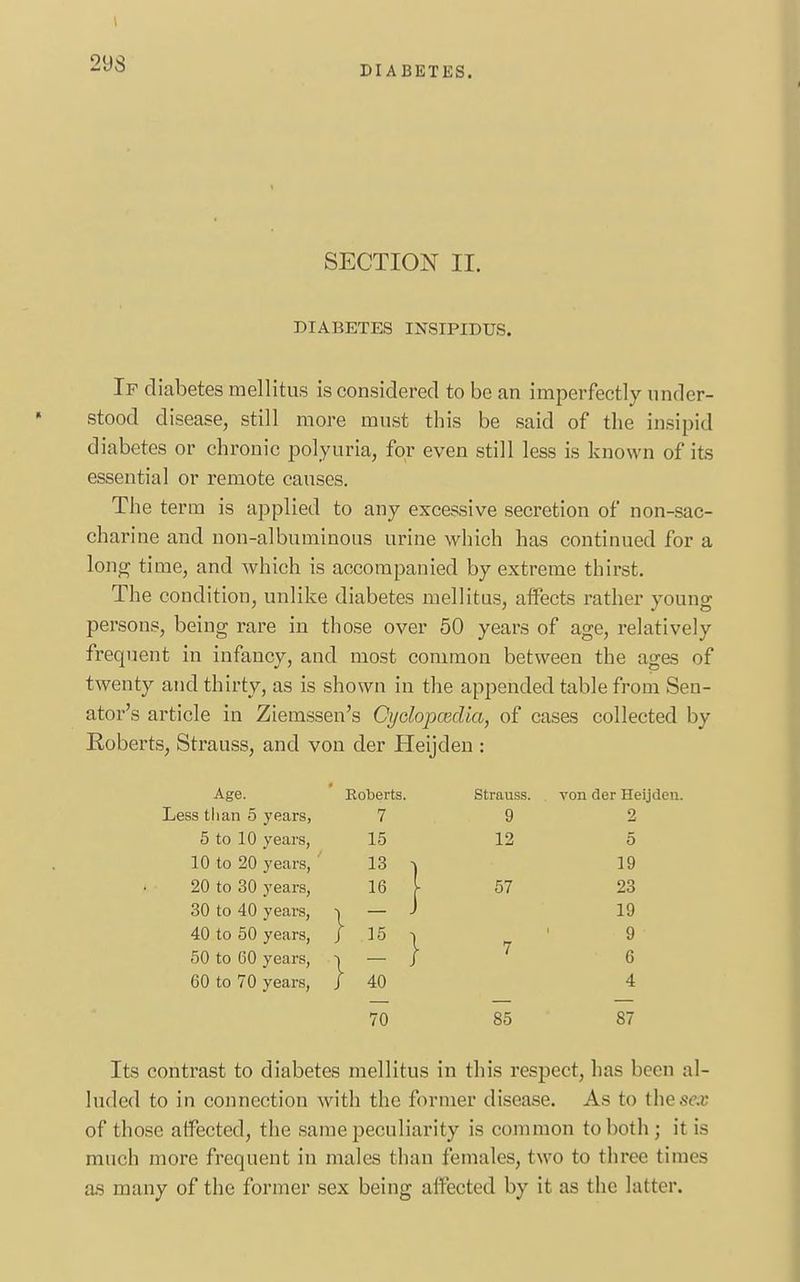 2US DIABETES. SECTION II. DIABETES INSIPIDUS. If diabetes mellitus is considered to be an imperfectly under- stood disease, still more must this be said of the insipid diabetes or chronic polyuria, for even still less is known of its essential or remote causes. The term is applied to any excessive secretion of non-sac- charine and non-albuminous urine which has continued for a long time, and which is accompanied by extreme thirst. The condition, unlike diabetes mellitus, affects rather young persons, being rare in those over 50 years of age, relatively frequent in infancy, and most common between the ages of twenty and thirty, as is shown in the appended table from Sen- ator's article in Ziemssen's Cyclopcedia, of cases collected by Eoberts, Strauss, and von der Heijden : Age. Roberts. Strauss. von der Heijden. Less than 5 years, 7 9 2 5 to 10 years, 15 12 5 10 to 20 years, 13 •) 19 20 to 30 years, 16 I 57 23 30 to 40 years, ^ — J 19 40 to 50 years, J 15 | ' 9 50 to 60 years, \ — / 7 6 60 to 70 years, J 40 4 70 85 87 Its contrast to diabetes mellitus in this respect, lias been al- luded to in connection with the former disease. As to theses; of those affected, the same peculiarity is common to both; it is much more frequent in males than females, two to three times as many of the former sex being affected by it as the latter.
