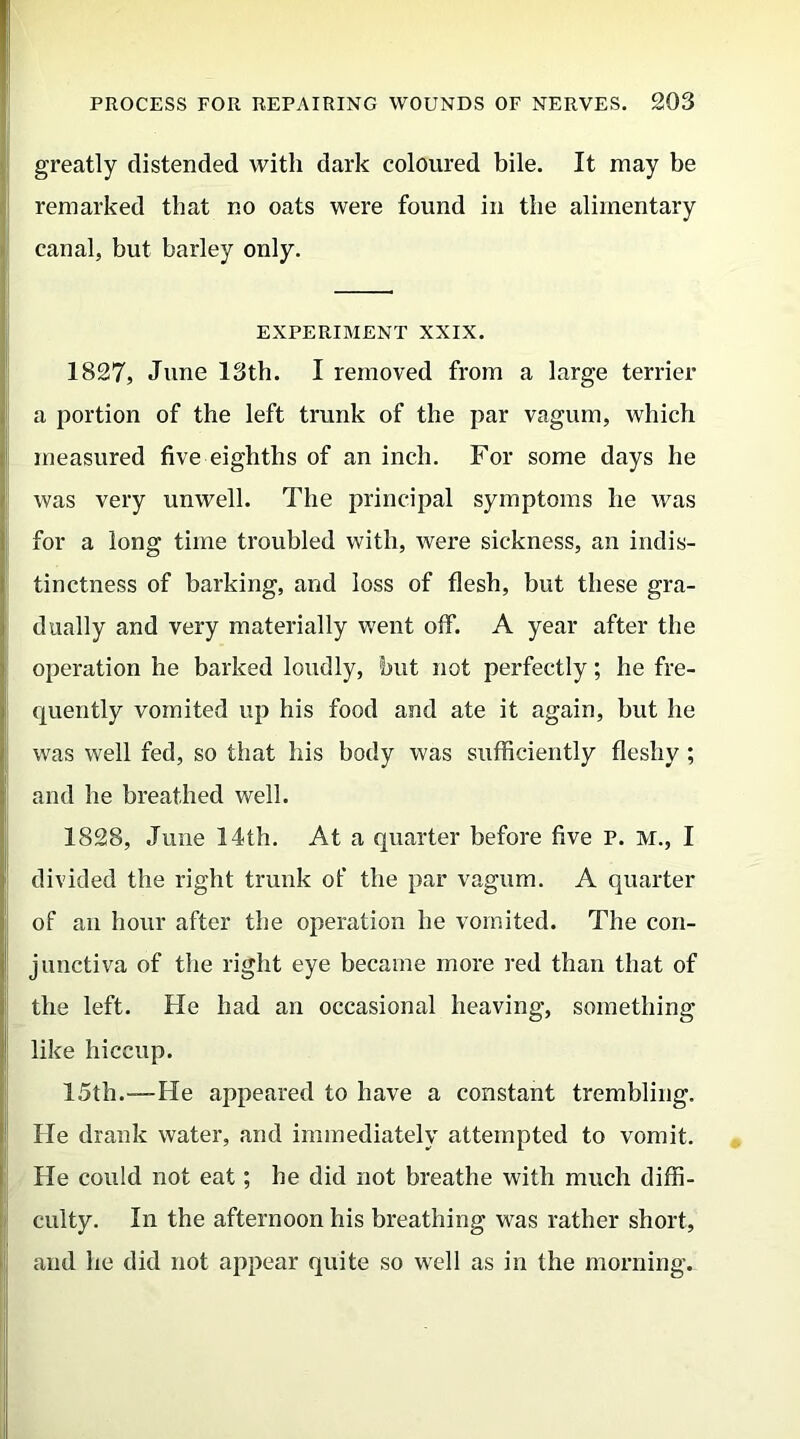 greatly distended with dark coloured bile. It may be remarked that no oats were found in the alimentary canal, but barley only. EXPERIMENT XXIX. 1827, June 13th. I removed from a large terrier a portion of the left trunk of the par vagum, which measured five eighths of an inch. For some days he was very unwell. The principal symptoms he was for a long time troubled with, were sickness, an indis- tinctness of barking, and loss of flesh, but these gra- dually and very materially went off. A year after the operation he barked loudly, but not perfectly; he fre- quently vomited up his food and ate it again, but he was well fed, so that his body was sufficiently fleshy ; and he breathed well. 1828, June 14th. At a quarter before five P. M., I divided the right trunk of the par vagum. A quarter of an hour after the operation he vomited. The con- junctiva of the right eye became more red than that of the left. He had an occasional heaving, something like hiccup. 15th.—-He appeared to have a constant trembling. He drank water, and immediately attempted to vomit. He could not eat; he did not breathe with much diffi- culty. In the afternoon his breathing was rather short, and he did not appear quite so well as in the morning.