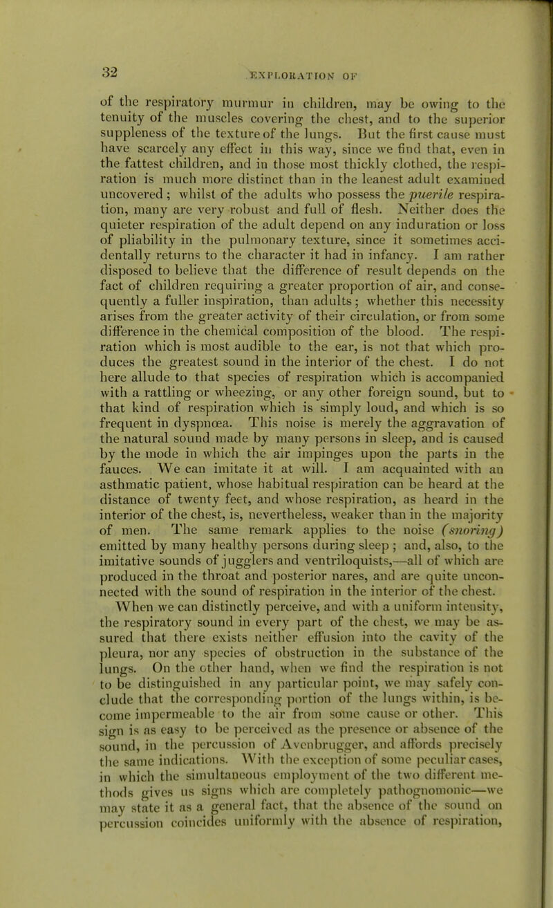 EXP 1,011 AT TON OF of the respiratory murmur in children, may be owing to the tenuity of the muscles covering the chest, and to the superior suppleness of the texture of the lungs. But the first cause must have scarcely any effect in this way, since we find that, even in the fattest children, and in those most thickly clothed, the respi- ration is much more distinct than in the leanest adult examined uncovered ; whilst of the adults who possess the puerile respira- tion, many are very robust and full of flesh. Neither does the quieter respiration of the adult depend on any induration or loss of pliability in the pulmonary texture, since it sometimes acci- dentally returns to the character it had in infancy. I am rather disposed to believe that the difference of result depends on the fact of children requiring a greater proportion of air, and conse- quently a fuller inspiration, than adults; whether this necessity arises from the greater activity of their circulation, or from some difference in the chemical composition of the blood. The respi- ration which is most audible to the ear, is not that which pro- duces the greatest sound in the interior of the chest. I do not here allude to that species of respiration which is accompanied with a rattling or wheezing, or any other foreign sound, but to that kind of respiration which is simply loud, and which is so frequent in dyspnoea. This noise is merely the aggravation of the natural sound made by many persons in sleep, and is caused by the mode in which the air impinges upon the parts in the fauces. We can imitate it at will. I am acquainted with an asthmatic patient, whose habitual respiration can be heard at the distance of twenty feet, and whose respiration, as heard in the interior of the chest, is, nevertheless, weaker than in the majority of men. The same remark applies to the noise (snoring) emitted by many healthy persons during sleep ; and, also, to the imitative sounds of jugglers and ventriloquists,—all of which are produced in the throat and posterior nares, and are quite uncon- nected with the sound of respiration in the interior of the chest. When we can distinctly perceive, and with a uniform intensity, the respiratory sound in every part of the chest, we may be as- sured that there exists neither effusion into the cavity of the pleura, nor any species of obstruction in the substance of the lungs. On the other hand, when we find the respiration is not to be distinguished in any particular point, we may safely con- clude that the corresponding portion of the lungs within, is be- come impermeable to the air from some cause or other. This sign is as easy to be perceived as the presence or absence of the sound, in the percussion of Avenbrugger, and affords precisely the same indications. With the exception of some peculiar cases, in which the simultaneous employment of the two different me- thods gives us signs which are completely pathognomonic—we may state it as a general fact, that the absence of the sound on percussion coincides uniformly with the absence of respiration,