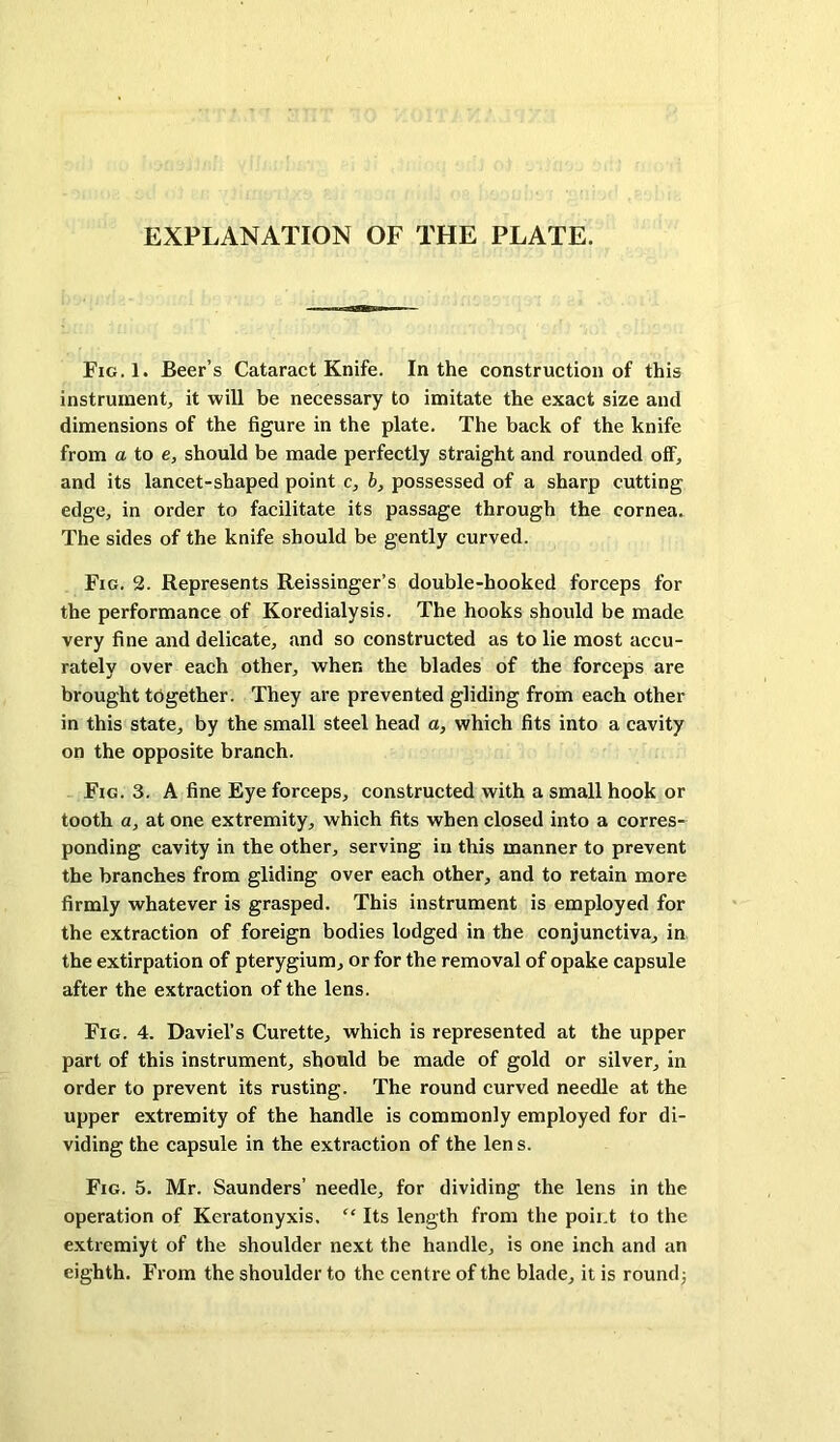 EXPLANATION OF THE PLATE. Fig.I. Beer’s Cataract Knife. In the construction of this instrument, it will be necessary to imitate the exact size and dimensions of the figure in the plate. The back of the knife from a to e, should be made perfectly straight and rounded off, and its lancet-shaped point c, b, possessed of a sharp cutting edge, in order to facilitate its passage through the cornea. The sides of the knife should be gently curved. Fig. 2. Represents Reissinger’s double-hooked forceps for the performance of Koredialysis. The hooks should be made very fine and delicate, and so constructed as to lie most aceu- rately over each other, when the blades of the forceps are brought together. They are prevented gliding from each other in this state, by the small steel head a, which fits into a cavity on the opposite braneh. Fig. 3. A fine Eye forceps, constructed with a small hook or tooth a, at one extremity, which fits when closed into a corres- ponding cavity in the other, serving in this manner to prevent the branches from gliding over each other, and to retain more firmly whatever is grasped. This instrument is employed for the extraction of foreign bodies lodged in the conjunctiva, in the extirpation of pterygium, or for the removal of opake capsule after the extraction of the lens. Fig. 4. Daviel’s Curette, which is represented at the upper part of this instrument, should be made of gold or silver, in order to prevent its rusting. The round curved needle at the upper extremity of the handle is commonly employed for di- viding the capsule in the extraction of the lens. Fig. 5. Mr. Saunders’ needle, for dividing the lens in the operation of Keratonyxis. “ Its length from the poii.t to the extremiyt of the shoulder next the handle, is one inch and an eighth. From the shoulder to the centre of the blade, it is round j