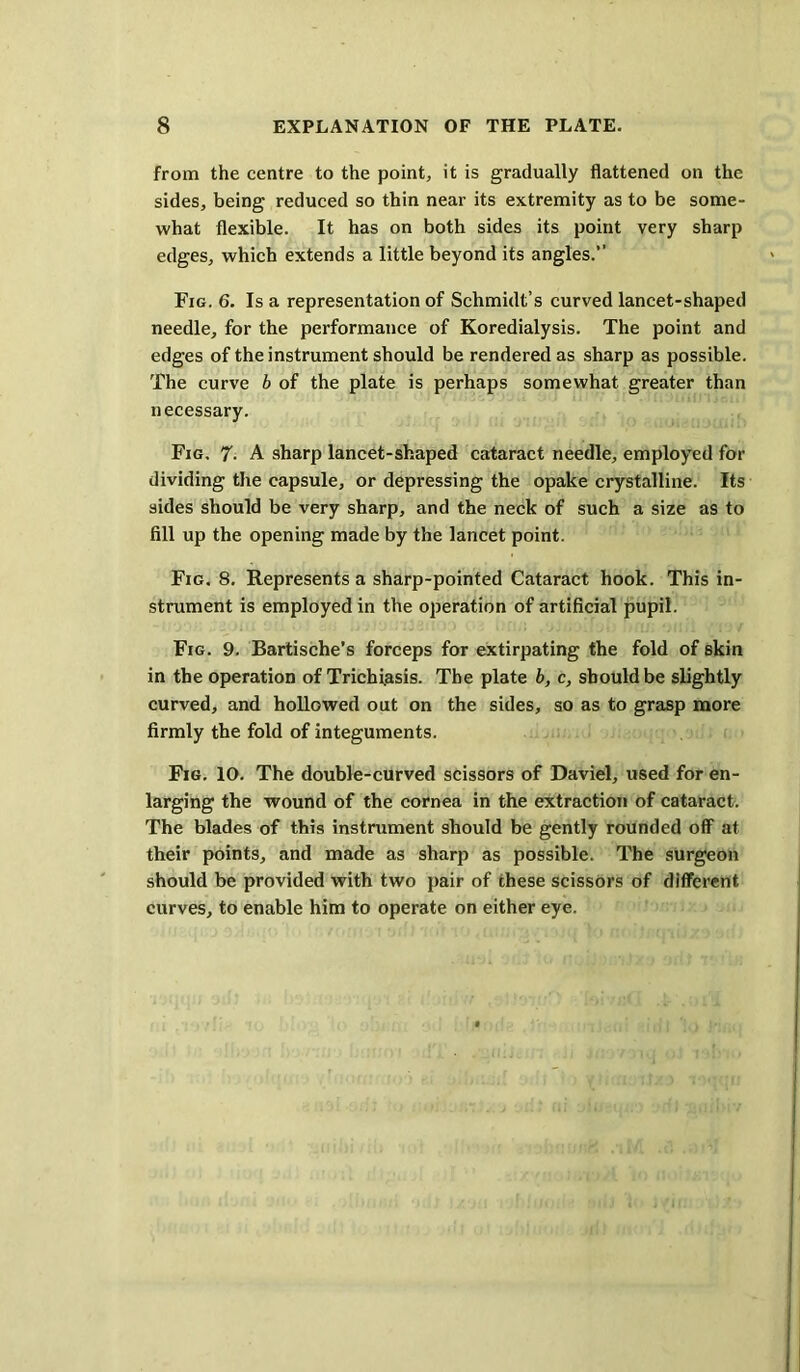 from the centre to the point, it is gradually flattened on the sides, being reduced so thin near its extremity as to be some- what flexible. It has on both sides its point very sharp edges, which extends a little beyond its angles.” Fig. 6. Is a representation of Schmidt’s curved lancet-shaped needle, for the performance of Koredialysis. The point and edges of the instrument should be rendered as sharp as possible. The curve b of the plate is perhaps somewhat greater than necessary. Fig, 7- A sharp lancet-shaped cataract needle, employed for dividing the capsule, or depressing the opake crystalline. Its sides should be very sharp, and the neck of such a size as to fill up the opening made by the lancet point. Fig. 8. Represents a sharp-pointed Cataract hook. This in- strument is employed in the operation of artificial pupil. Fig. 9, Bartische’s forceps for extirpating the fold of skin in the operation of Trichiasis. The plate b, c, should be slightly curved, and hollowed out on the sides, so as to grasp more firmly the fold of integuments. Fig. 10. The double-curved scissors of Daviel, used for en- larging the wound of the cornea in the extraction of cataract. The blades of this instrument should be gently rounded off at their points, and made as sharp as possible. The surgeon should be provided with two pair of these scissors of different curves, to enable him to operate on either eye.